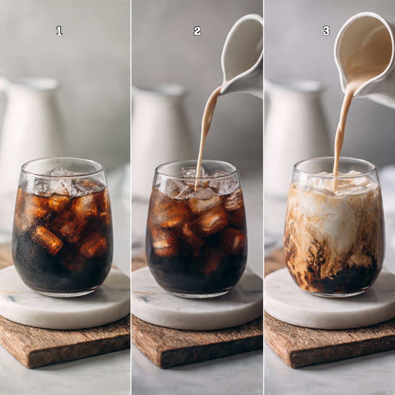 The image shows a three-step process of making an iced coffee drink. In the first step, a clear glass with a rounded bottom sits on a white marble coaster on a wooden board, filled with dark brown coffee and black ice cubes. A white creamer container is placed in the background blurred. In the second step, the same glass is filled almost to the top with clear ice cubes resting on the coffee layer, keeping the glass on the white marble coaster and wooden board. The background remains the same with the white creamer container blurred behind. In the third step, creamy light brown milk is being poured from a white pitcher into the glass, mixing with the dark coffee and ice. The scene is on a white marbled surface with soft natural light creating gentle shadows. The overall tone is warm with a simple and clean look photo taken with an iphone --ar 4:5 --v 7