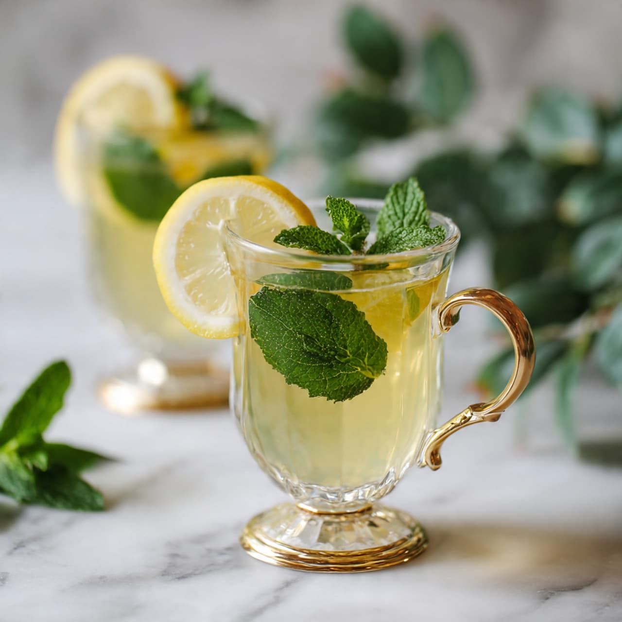 A clear glass cup with a gold handle sits on a white marbled surface, filled with a light yellow liquid. Inside the cup, there are large fresh green mint leaves and a slice of lemon near the top. In the background, there is another similar glass cup, slightly out of focus, also containing mint leaves and lemon slice. To the right, blurred green leaves add more color to the scene. Photo taken with an iphone --ar 4:5 --v 7