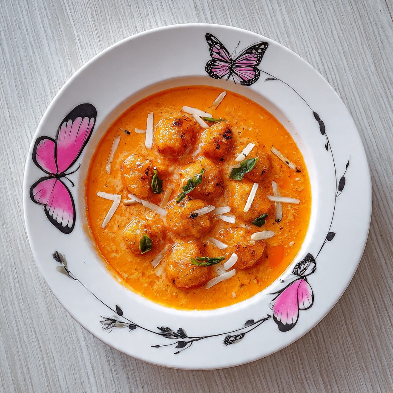 In this close-up image, there is one main layer of thick orange sauce with a smooth texture filling a white bowl. On top of the sauce, several small shrimp pieces are partially covered, showing their slightly bumpy and shiny orange surface. Scattered over the shrimp and sauce are thin, white almond slices, bright green leafy cilantro pieces, and small bits of red chili adding color contrast. The background surface is a white marbled texture. photo taken with an iphone --ar 4:5 --v 7