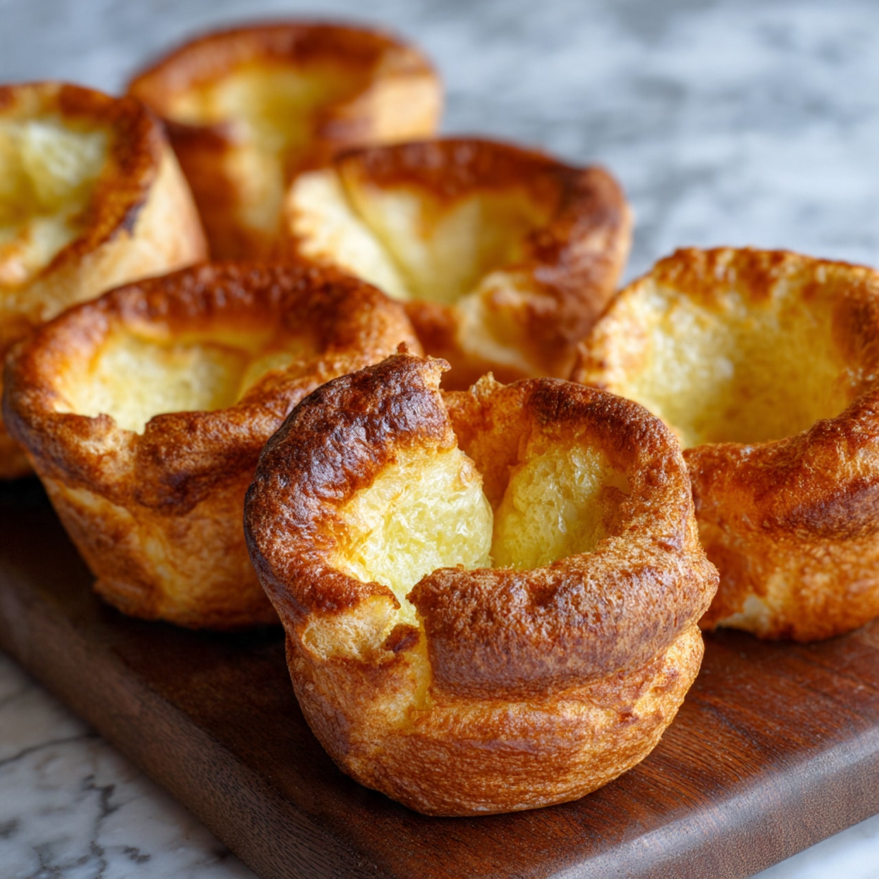 The image shows seven golden brown Yorkshire puddings with crispy, puffed edges and hollow centers, arranged closely on a dark wooden board. Their texture appears light and airy with some uneven puffing, giving each a unique shape. The surface beneath the board is a white marbled texture, creating a clean and bright contrast to the warm tones of the puddings and wood. photo taken with an iphone --ar 4:5 --v 7