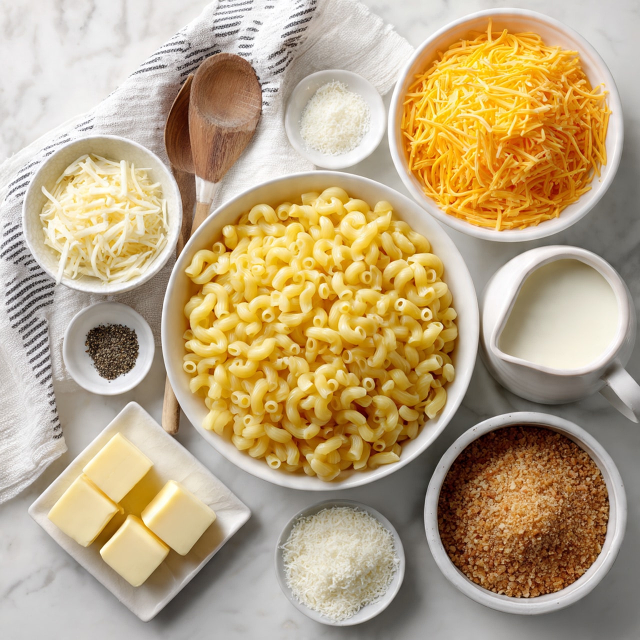 The image shows a white bowl filled with yellow cooked macaroni noodles at the center, surrounded by smaller white bowls and dishes on a white marbled surface. In the top right, there is a large white bowl with shredded orange cheese. Below that is a small white pitcher holding a creamy white sauce. To the right of the macaroni bowl, there is a small white bowl filled with brown breadcrumbs. Above the macaroni, a small white bowl has shredded white cheese, and next to it is a tiny white bowl with white powder, likely flour. At the bottom left, there is a small round white dish with three pieces of pale yellow butter, and next to it, two square white dishes contain black pepper and salt. To the top left of the macaroni, there is a white and grey striped cloth with a wooden spoon resting on it. photo taken with an iphone --ar 4:5 --v 7
