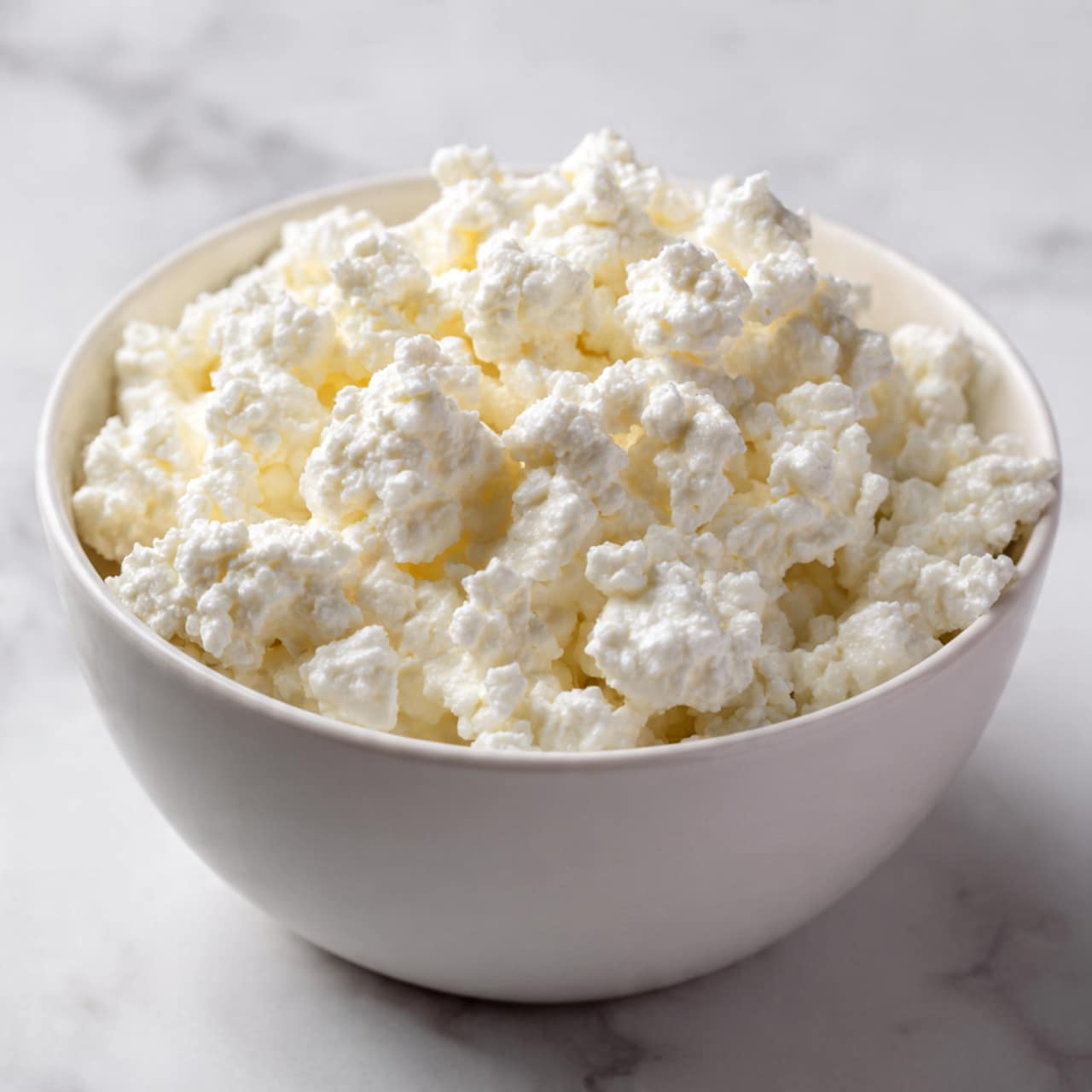 The image shows two metal bowls on a white marbled surface. The top bowl is a fine metal strainer filled with white, crumbly cheese curds, with a rough texture visible. The bottom bowl holds smooth, thick white cream being stirred with a metal whisk resting inside. The creamy mixture has a soft swirl pattern on the surface. Both bowls are shiny and metallic, reflecting light softly. Photo taken with an iphone --ar 4:5 --v 7