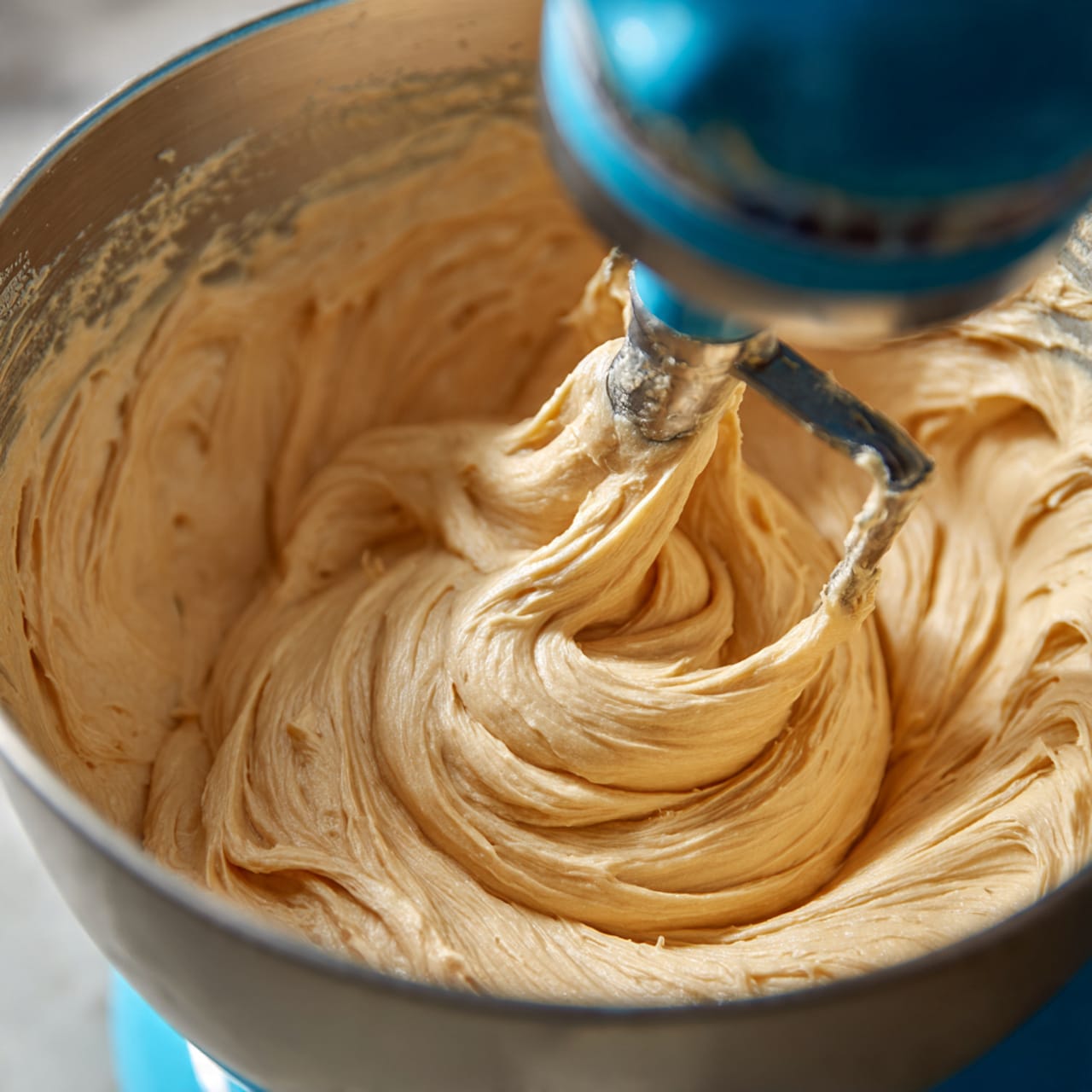 A close-up shot of a mixing bowl attached to a blue electric mixer, filled with thick, creamy light brown dough or frosting being whipped. The dough has a smooth, soft texture with swirls and peaks created by the mixer blade in the center, which is lifting a large portion of the mixture. The metal bowl shines slightly, reflecting parts of the dough inside. The overall feel is warm and inviting, with natural light highlighting the texture of the mixture. photo taken with an iphone --ar 4:5 --v 7