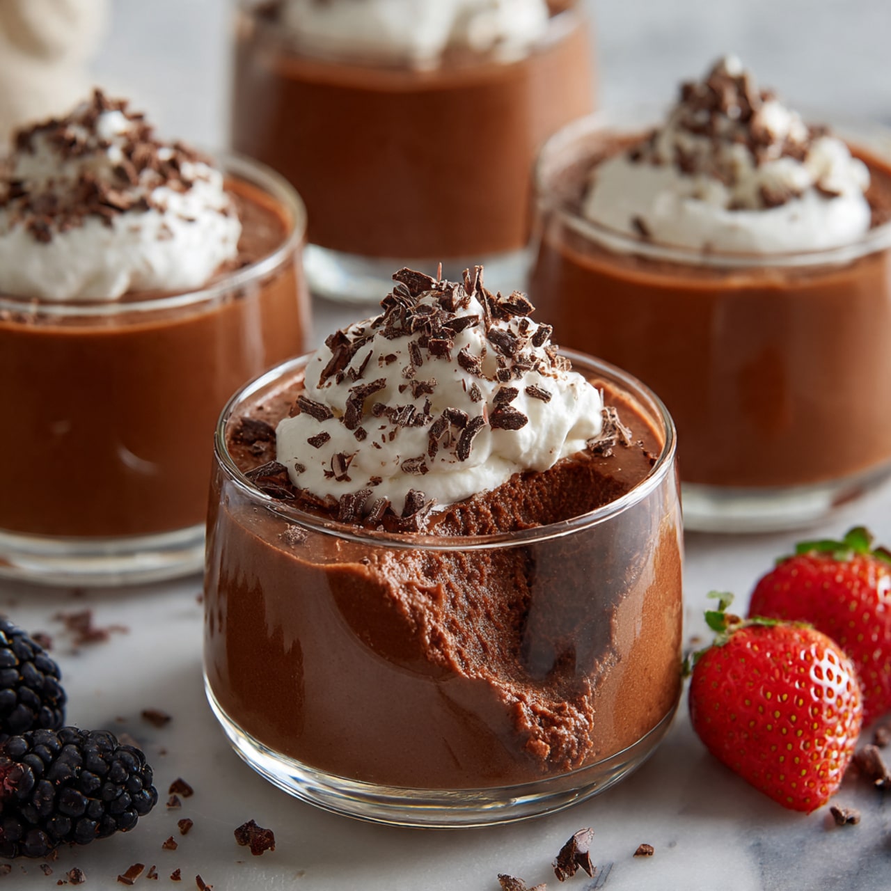 The image shows several clear glass cups filled with smooth, rich brown chocolate mousse. Each cup has one thick layer of mousse topped with a dollop of white whipped cream, sprinkled with small dark brown chocolate shavings. One cup in the front has a scoop taken out, showing the mousse's soft texture inside. The cups are set on a white marbled surface with scattered chocolate shavings, a fresh blackberry, and sliced red strawberries around them. The background is softly blurred, focusing on the cups and the fresh fruit. Photo taken with an iphone --ar 4:5 --v 7