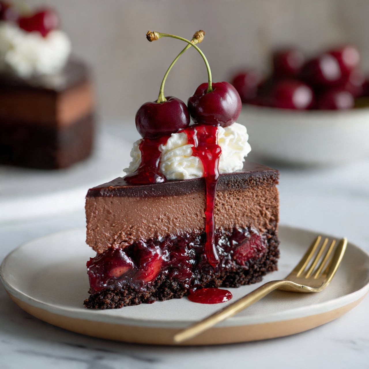 A round chocolate cake on a glass stand shows three visible layers: a dark chocolate crust base, a thick middle layer of rich brown chocolate filling, and a deep red cherry filling in the center. The top is covered with a thick white cream layer, topped with fresh dark red cherries and red cherry sauce dripping slightly down the sides. There are a few cherries on the white marbled surface around the stand. Photo taken with an iphone --ar 4:5 --v 7