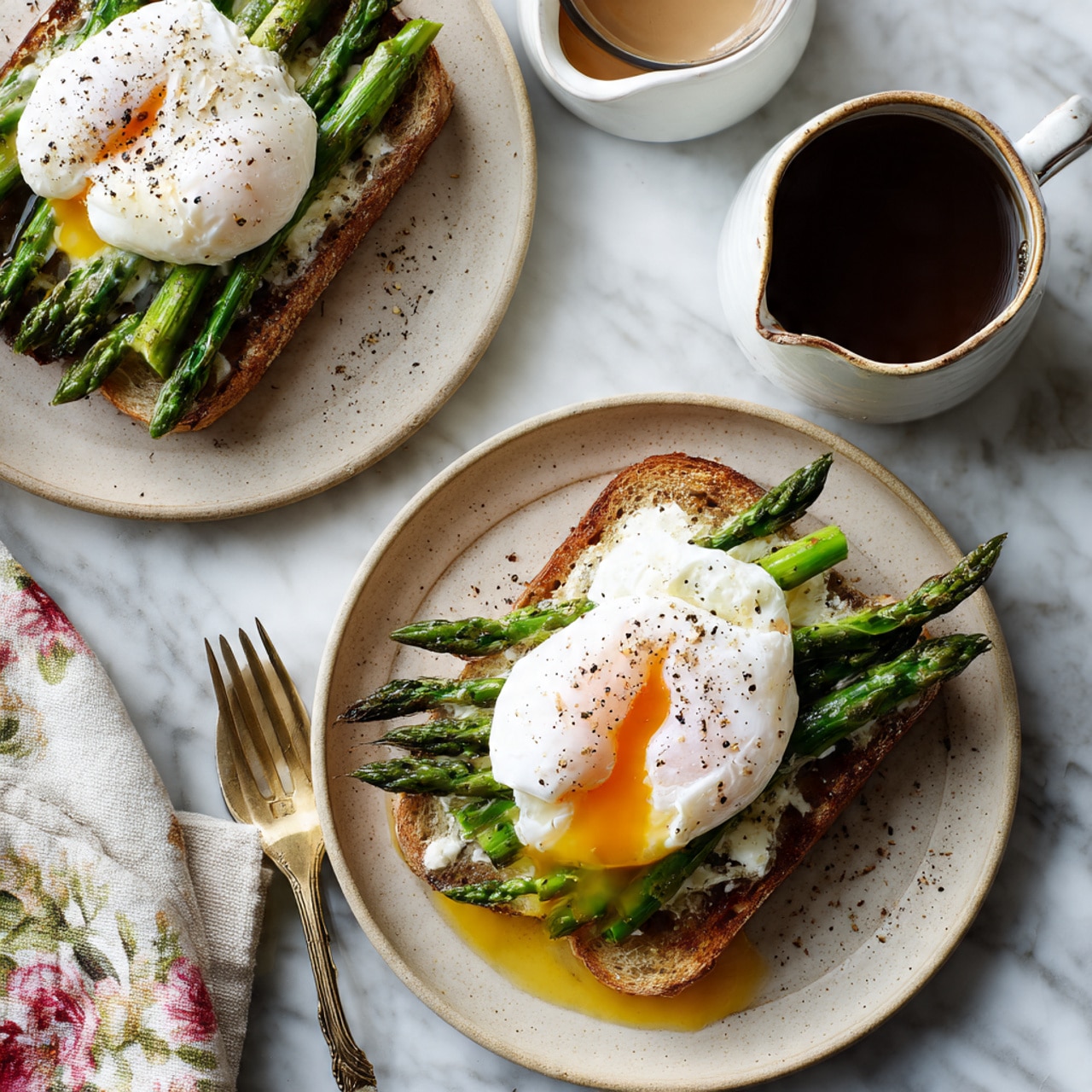 Two beige plates on a white marbled surface each hold an open-faced sandwich with one toasted bread layer at the base, topped with bright green asparagus stalks arranged in a neat bundle, and a white poached egg with a soft texture on top. The egg on the front plate is slightly cracked, showing runny yellow yolk dripping down over the asparagus and bread. Both eggs are sprinkled lightly with black pepper. To the right, there is a clear glass cup filled with dark coffee and behind it a small white sauce pitcher with a light brown sauce. A woman’s hand holding a gold spoon rests on a cloth with a floral pattern near the front plate. photo taken with an iphone --ar 4:5 --v 7