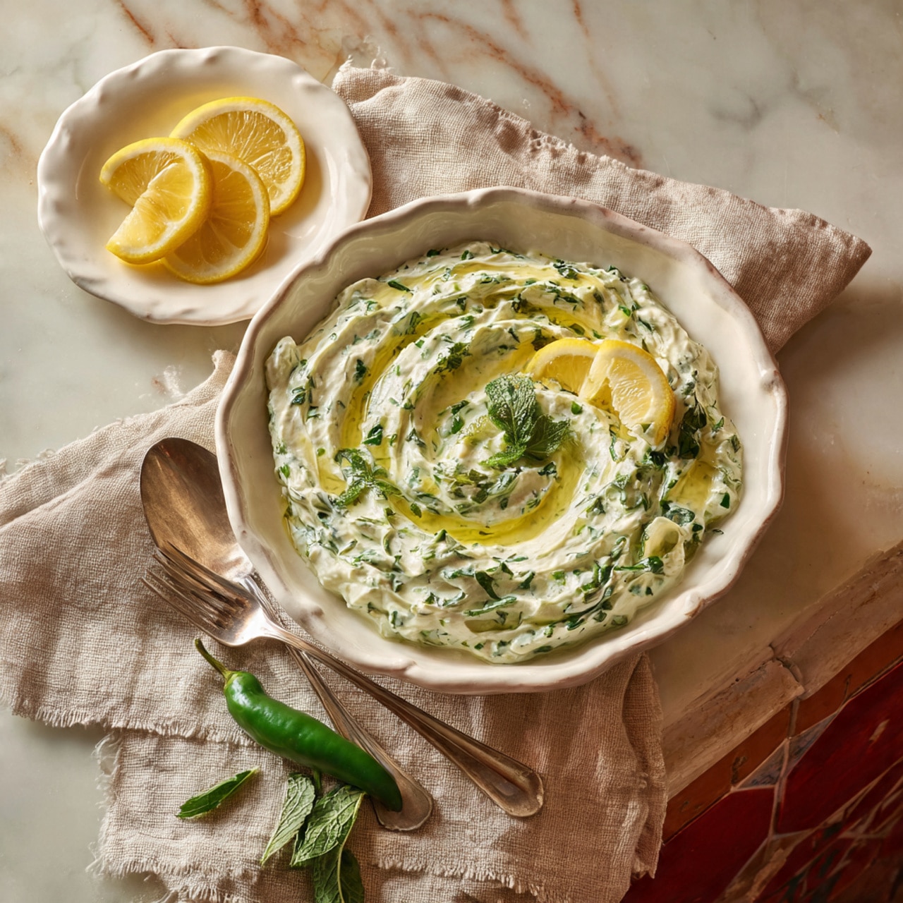 A white scalloped bowl holds a creamy green dip made of finely chopped herbs mixed with white sauce, topped with a drizzle of golden olive oil forming a loose circle near the edge and a thin lemon slice placed at the center. Nearby, a small white scalloped plate contains three lemon wedges. The setting includes a beige linen cloth with a silver spoon and fork placed on it, along with a whole green chili resting on the cloth. The background is a white marbled texture with a reddish tile-like appearance. photo taken with an iphone --ar 4:5 --v 7