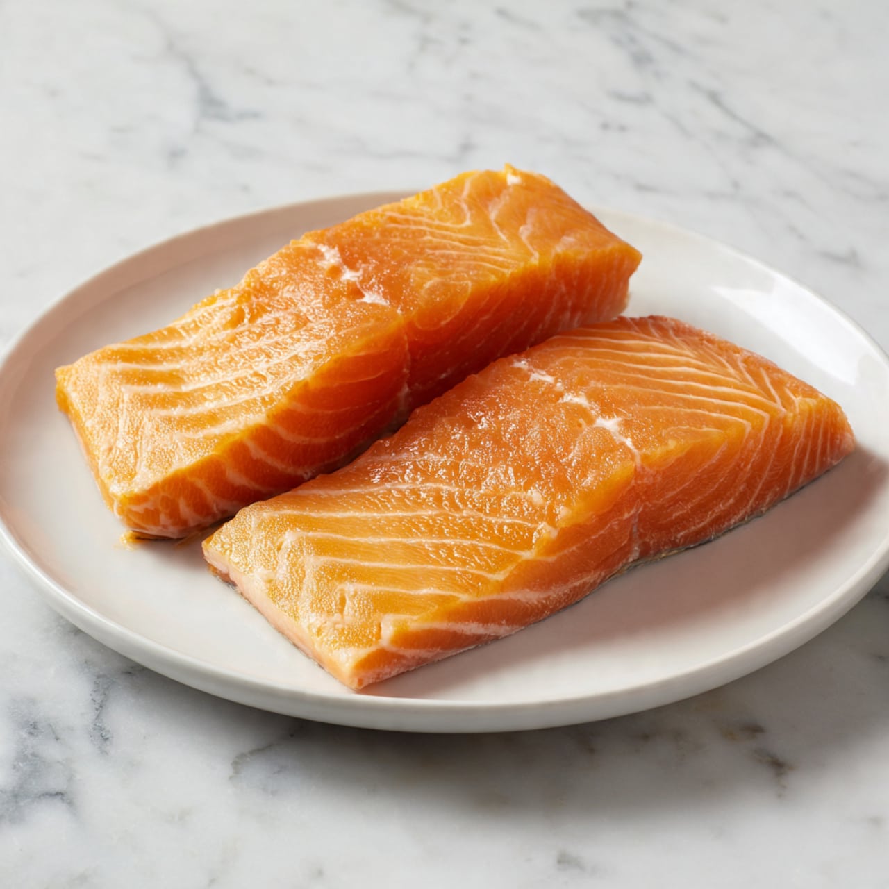 The image shows two pieces of cooked salmon fillets placed side by side on a white plate. Each fillet has a light orange color with a slightly crispy texture on the surface. The salmon has visible lines from the natural muscle fibers, and the fillets have uneven edges with some lighter and darker orange shades, giving a fresh and tender look. The plate sits on a white marbled surface, and there are no additional garnishes or items in the frame. photo taken with an iphone --ar 4:5 --v 7