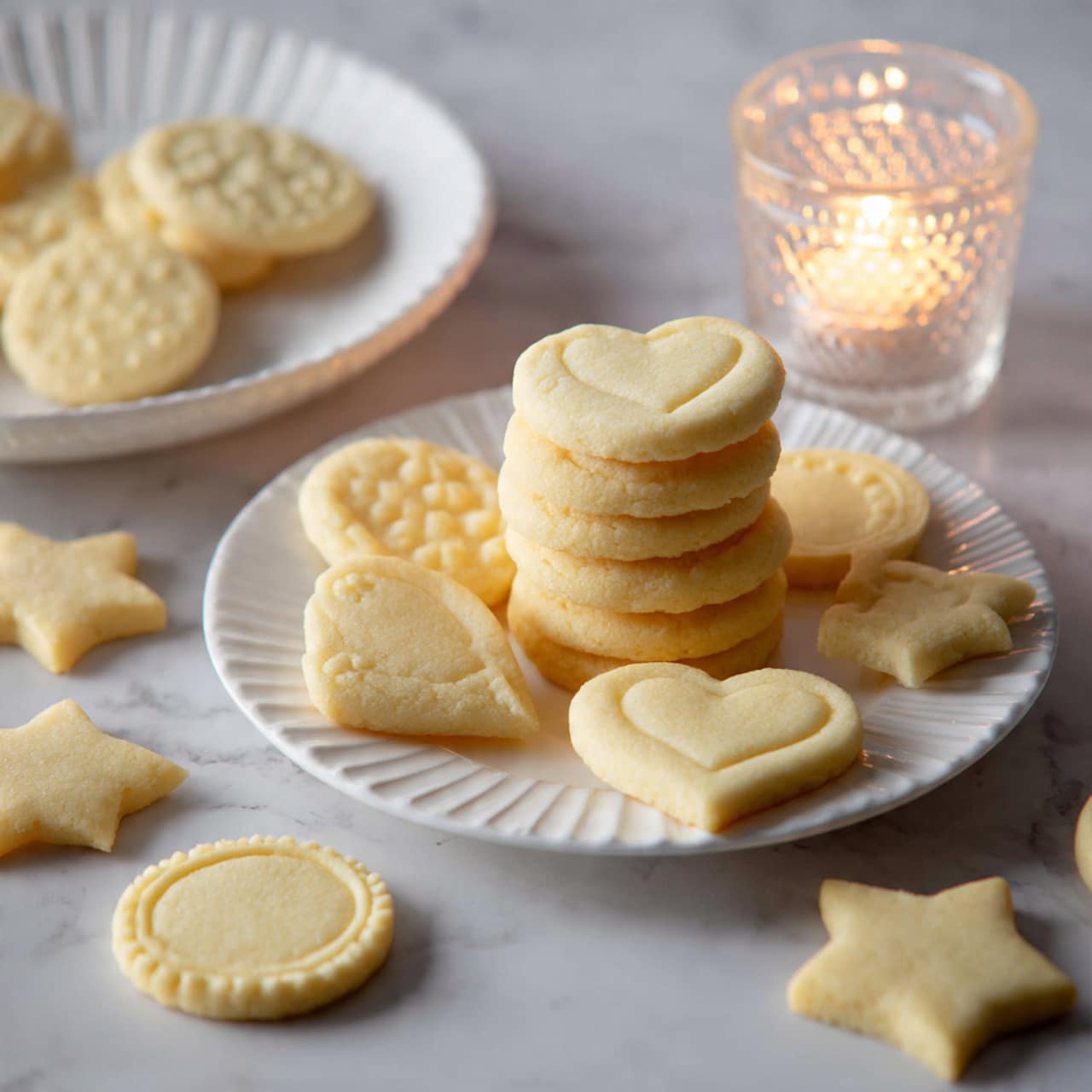 The image shows a white scalloped plate filled with star-shaped cookies in two types: one with smooth pale yellow tops sprinkled with fine white sugar, and the other covered with bright red coarse sugar crystals. The cookies are thin and slightly stacked, with some cookies on the plate and a few more laid on the white marbled surface nearby. In the background, there is a clear glass filled with milk, a white mug, and a small white bowl with additional white sugar. A white cloth is casually placed at the edge of the scene. The overall lighting is soft and natural, highlighting the colors and textures clearly. photo taken with an iphone --ar 4:5 --v 7