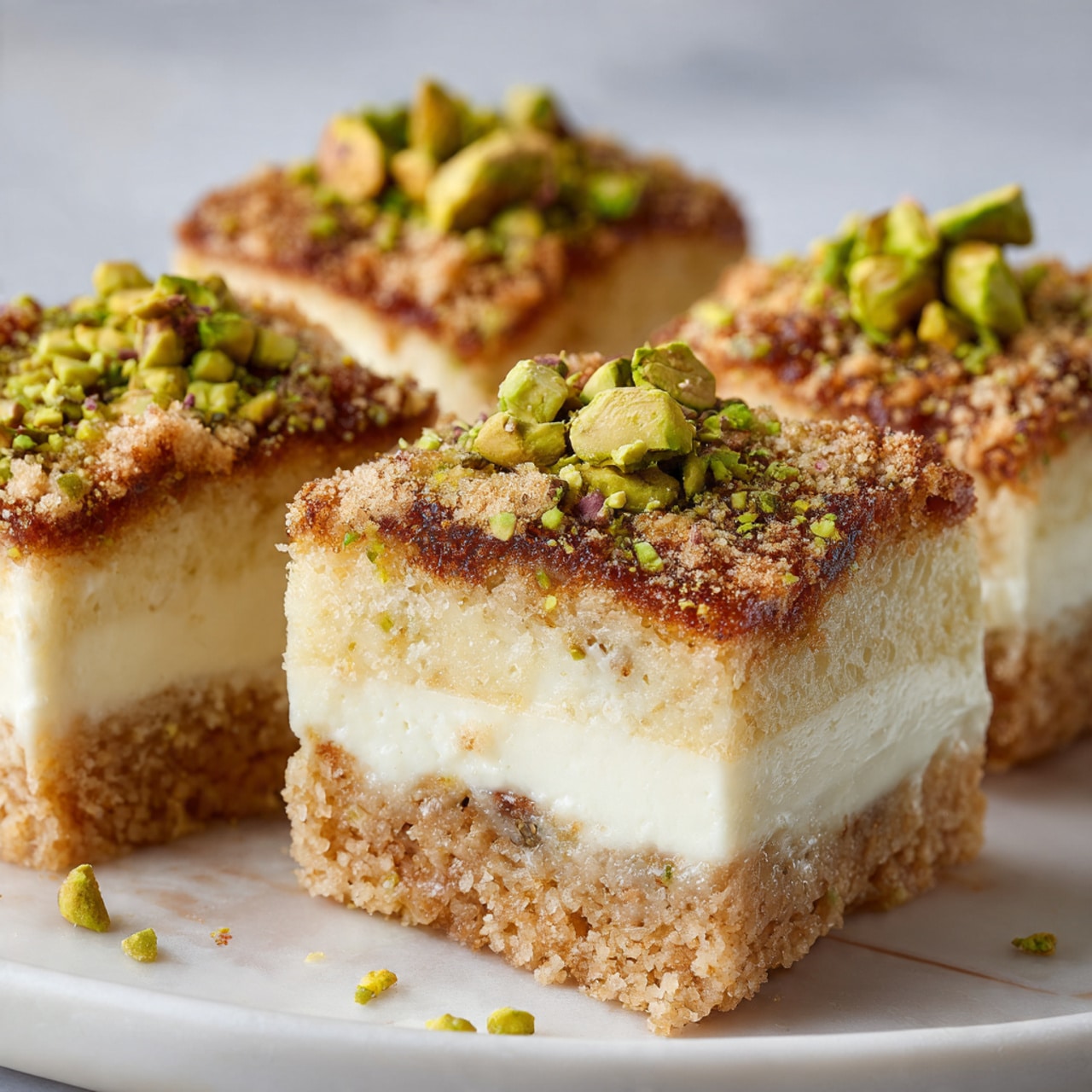 The image shows a close-up of three square pieces of dessert on a white plate, each with three layers. The bottom layer is a light golden brown crumbly base, followed by a thick middle layer of smooth, creamy white filling. The top layer is a slightly darker golden brown crust with a rough texture and small cracks. Each square is topped with a small pile of chopped green nuts, likely pistachios. The background is out of focus, highlighting the dessert pieces on the white plate with a white marbled texture under it. Photo taken with an iphone --ar 4:5 --v 7