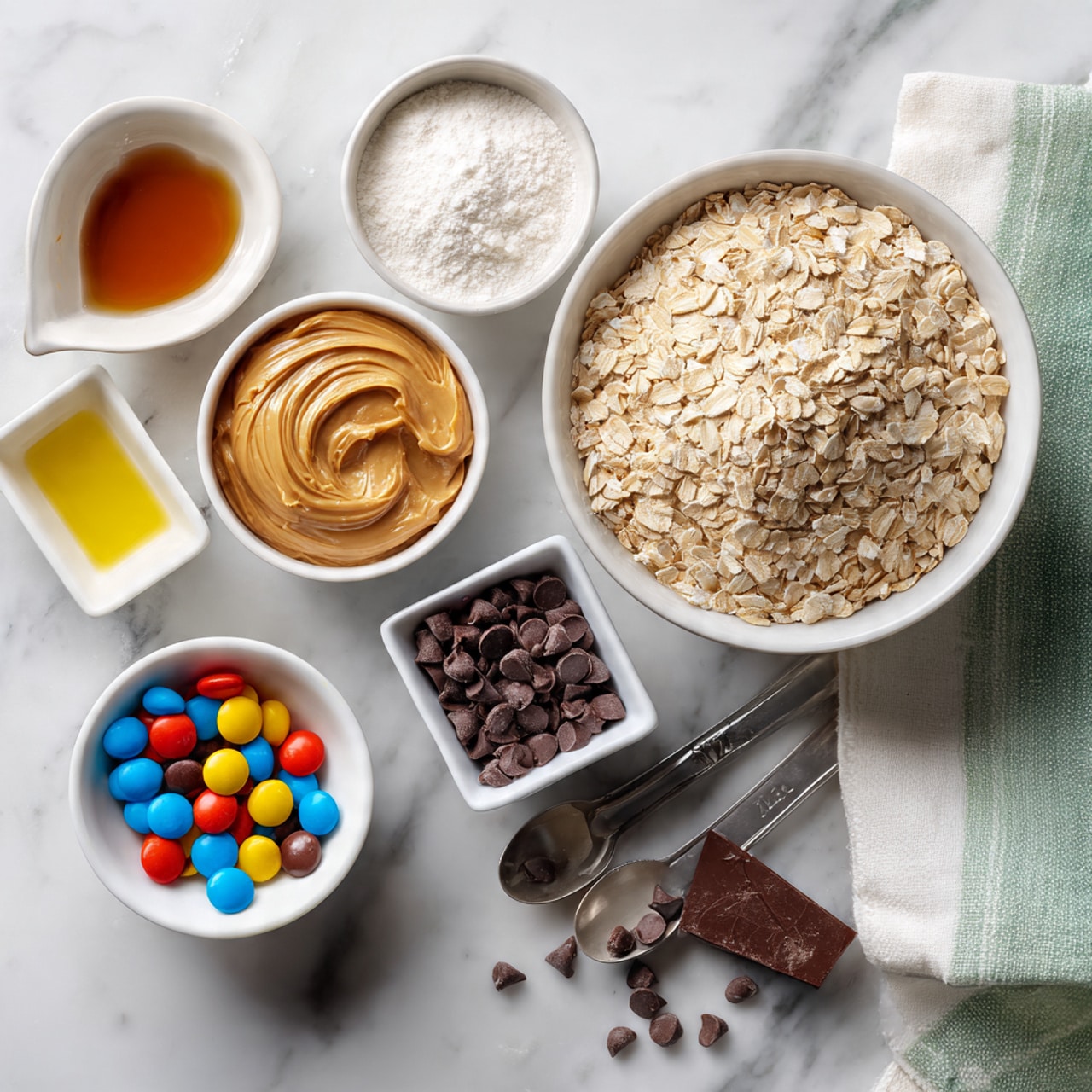 Seven white bowls are arranged on a white marbled surface. The largest bowl on the right holds light beige rolled oats with a slightly rough texture. Above it, a similarly sized bowl contains fine white sugar with a powdery look. To its left, a bowl holds smooth, light brown peanut butter with swirl marks. Below the sugar bowl, a small white bowl is filled with bright, colorful round candies in red, blue, yellow, orange, and brown shades. Below the candies, a bowl holds shiny, small dark brown chocolate chips, some scattered outside. To the left of the chocolate chips, a small bowl contains golden melted butter with a smooth surface. Lastly, a tiny white square dish holds dark brown vanilla extract. Nearby, two silver measuring spoons rest on a white cloth with green stripes. photo taken with an iphone --ar 4:5 --v 7