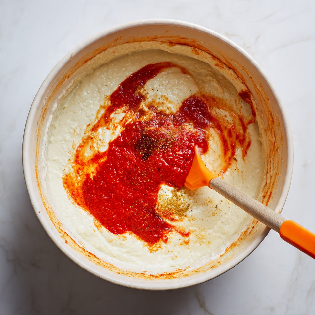 A white pot filled with a mix of two main layers: a thick, creamy white sauce covering most of the surface and a large pool of bright red sauce sitting on top slightly off-center, with some brown spices visible within the sauces. An orange spatula is partially submerged on the right side, blending the two sauces. The pot’s inner edges show splashes of red and orange stains, indicating cooking activity. The scene is set on a white marbled surface. Photo taken with an iphone --ar 4:5 --v 7