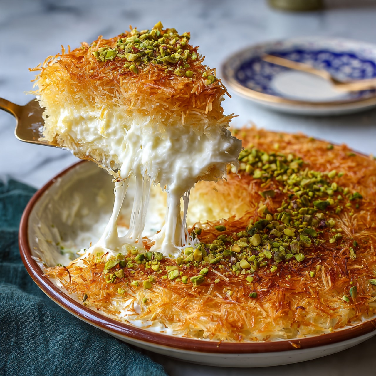 A round dessert with a top layer of golden-brown shredded texture, likely crispy, forms the main visible layer. Around the center is a ring of finely chopped green pistachios, adding a crunchy texture and bright color contrast. At the very center of the dessert, three small pink dried rose buds are placed as decoration. The dessert sits on a white plate with a dark blue patterned edge. To the left, a small white bowl with blue floral patterns holds whole pistachios. The background is a white marbled surface with a blue cloth underneath the plate, and a metal slotted spoon rests on the cloth. Some small pistachios and rose petals are scattered nearby. photo taken with an iphone --ar 4:5 --v 7