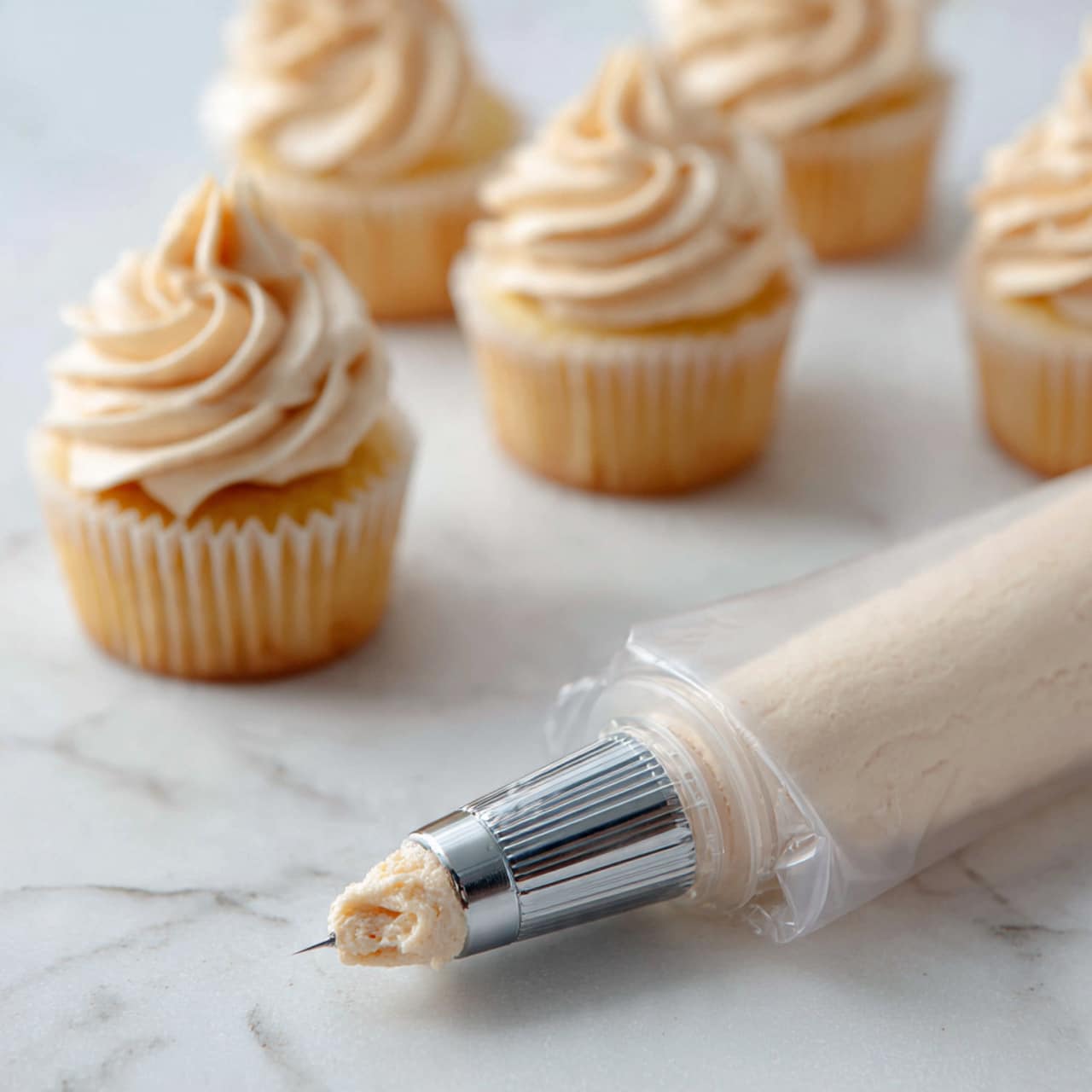 The image shows a close-up of a clear piping bag filled with light beige frosting. The tip of the bag is fitted with a metal star-shaped nozzle, and some frosting is visible at the opening. In the background, there are blurred cupcakes topped with the same light beige frosting. The surface is a white marbled texture, giving a clean and bright look to the scene. Photo taken with an iphone --ar 4:5 --v 7