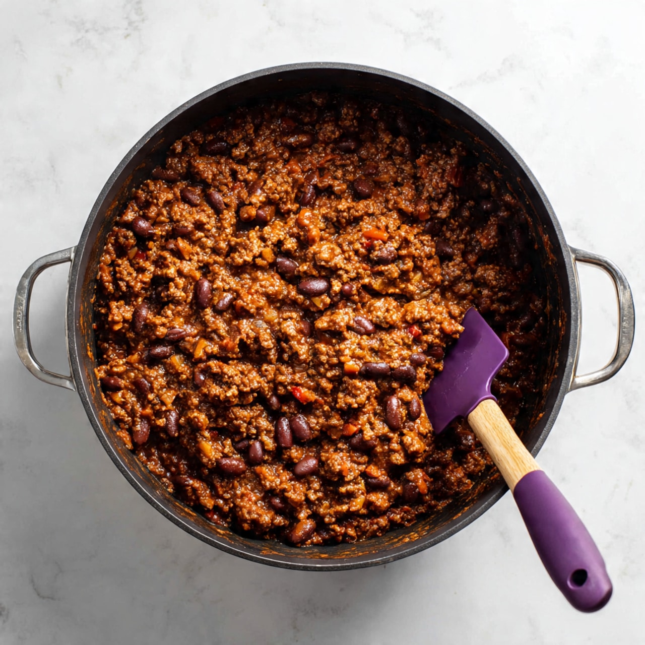 The image shows a large black pot filled with a thick mixture of cooked ground meat and beans. The dish is dark brown with small bits of reddish-orange visible, likely from sauce or spices. The texture is chunky and moist, with small soft beans spread evenly throughout. A purple silicone spatula with a black handle rests inside the pot on the right side. The background is a white marbled surface. photo taken with an iphone --ar 4:5 --v 7