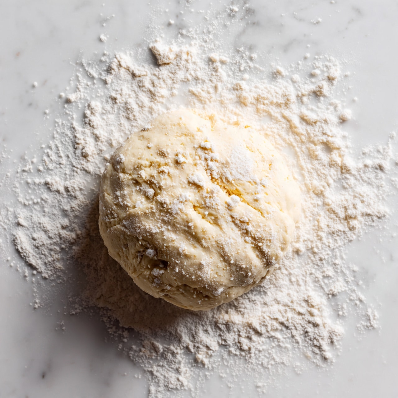 A single round ball of dough with a slightly wrinkled surface sits on a white marbled surface dusted with white flour. The dough has a light cream color with small bits of flour scattered on top, giving it a soft and powdery look. The background shows more flour spread unevenly, with some areas darker due to the marble's natural patterns. The dough looks fresh and ready to be shaped or baked photo taken with an iphone --ar 4:5 --v 7