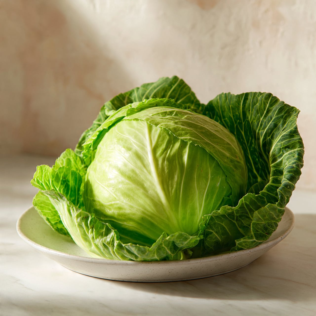 A whole light green cabbage sits on a round white plate with some outer leaves slightly loose and textured with visible lines and veins. The plate is placed on a white marbled surface, and soft warm light falls from the side, creating gentle shadows and highlights on the cabbage’s curved layers. The background is softly blurred in neutral beige tones, making the cabbage the clear focus of the image. Photo taken with an iphone --ar 4:5 --v 7