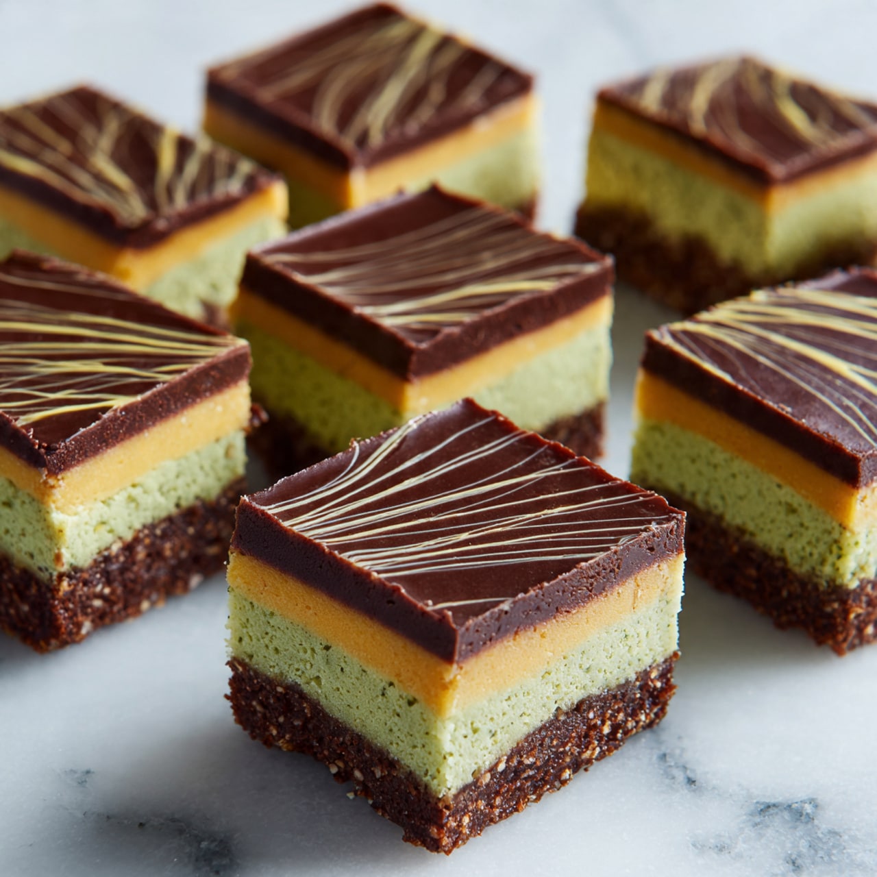 The image shows nine square dessert bars arranged closely on a white marbled surface. Each bar has three visible layers: a thin dark brown bottom layer with a dense texture, a middle greenish-yellow layer that looks moist and slightly crumbly, and a smooth, glossy chocolate top layer. The chocolate layer has a delicate wavy pattern made with light yellow lines evenly spread across the surface, adding an elegant touch. The bars are cut neatly with clean edges, and the lighting highlights the shine on the chocolate tops. photo taken with an iphone --ar 4:5 --v 7