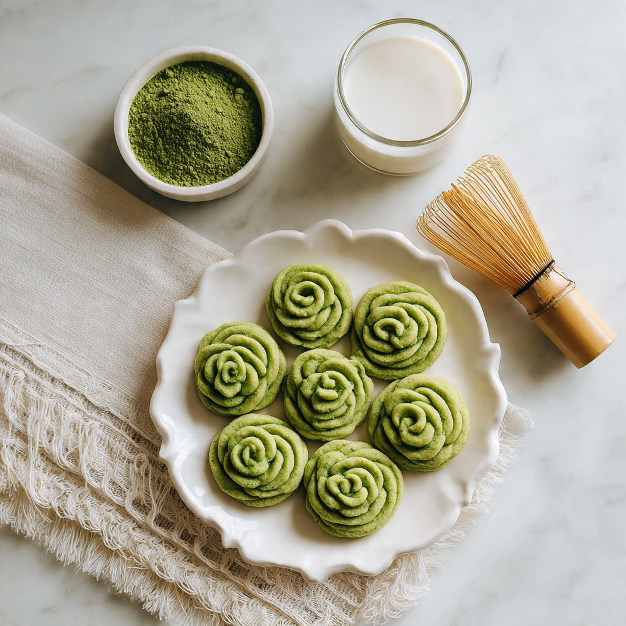 A white scalloped plate holds a single layer of green rose-shaped cookies arranged in a circular pattern, each cookie textured with swirls resembling rose petals. To the left, there is a small white bowl filled with green matcha powder, and above it, a clear glass cup filled with white milk. On the right side of the plate, a bamboo whisk lies next to a white linen cloth with fringed edges. The whole setup is placed on a white marbled surface, giving a clean and bright background. Photo taken with an iphone --ar 4:5 --v 7