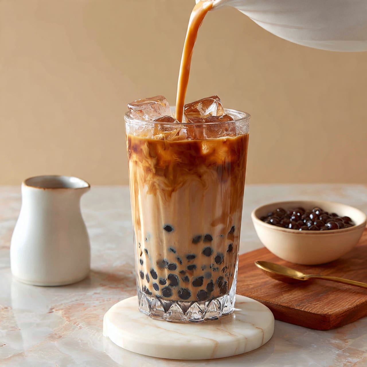 A clear glass filled with three layers sits on a white marbled surface. The bottom layer consists of small, black tapioca pearls clustered tightly. Above that is a thick, creamy brown layer of milk tea with a smooth texture. On top, there are several partially melted ice cubes, creating a glossy surface. Light brown milk tea is being poured from a white pitcher into the glass, forming a flowing stream. The glass rests on a white coaster placed on a wooden board. A small white ceramic container is set behind the glass, and a light brown bowl with dark tapioca pearls is seen to the side, all against a soft beige background. Photo taken with an iphone --ar 4:5 --v 7