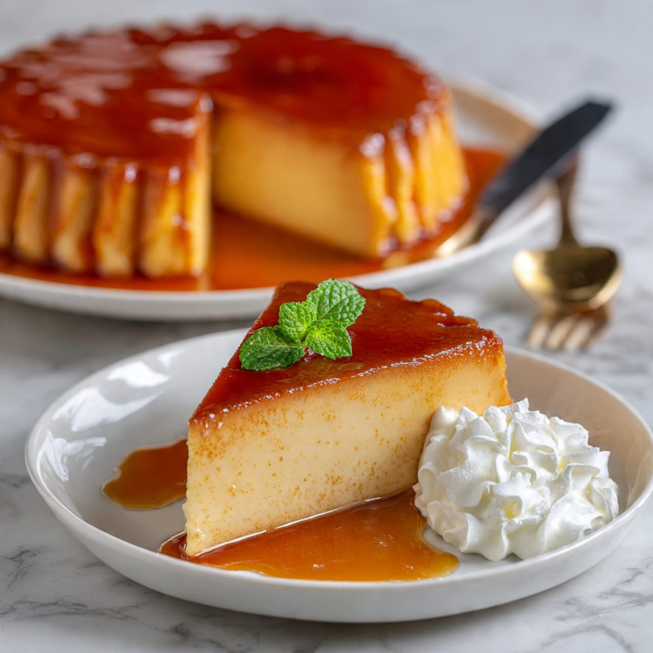The image shows a slice of caramel flan on a white plate with smooth, light beige pudding topped with a shiny, amber caramel layer. A small green mint leaf rests on top of the caramel. The slice sits next to a dollop of white whipped cream on the right side. In the background, there is the whole flan on a white plate, showing its thick caramel coating running down the sides in a glossy amber color. The flan has a ruffled edge, and the inside is light beige and creamy. A metal knife is placed behind the whole flan on the plate. The surface is a white marbled texture. photo taken with an iphone --ar 4:5 --v 7