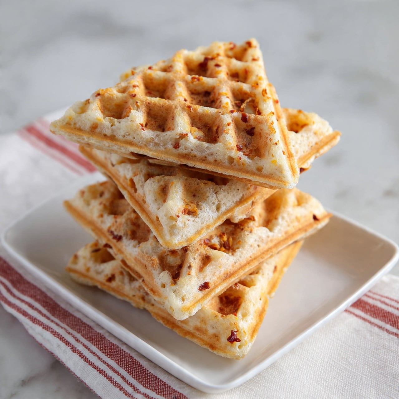 The image shows a stack of four triangular waffle pieces arranged in a vertical line on a white rectangular plate. Each waffle piece has a light golden-brown color with a soft texture and visible small bits of what looks like sun-dried tomatoes scattered throughout. The waffles have a slightly uneven surface with square indentations typical of waffles. The plate sits on a white marbled surface with a white cloth underneath that has red stripes. The photo taken with an iphone --ar 4:5 --v 7