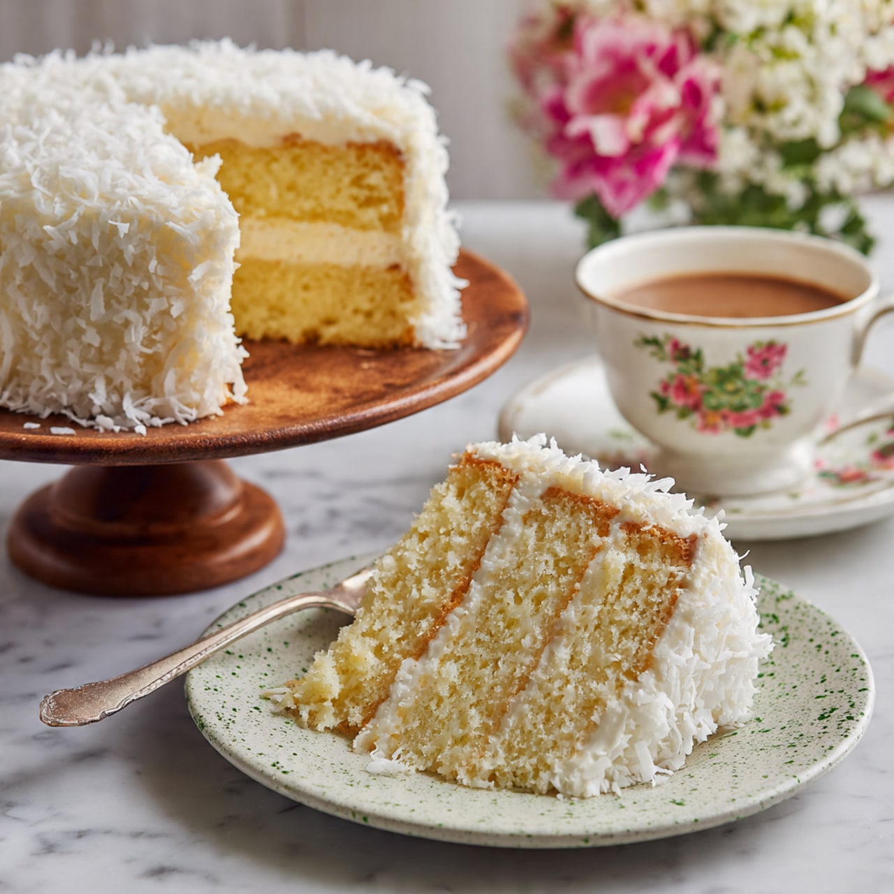 A three-layered slice of light yellow cake sits on a white plate with green speckles. Each layer is separated by creamy white frosting, and the entire slice is covered with shredded white coconut on top and sides. Behind the slice, there is a wooden cake stand holding the rest of the cake, which is covered with the same white frosting and coconut flakes. To the side, there is a white cup with a floral design filled with brown coffee on a matching saucer. The scene is set on a white marbled surface with a small bouquet of pink and white flowers in the background. Photo taken with an iphone --ar 4:5 --v 7