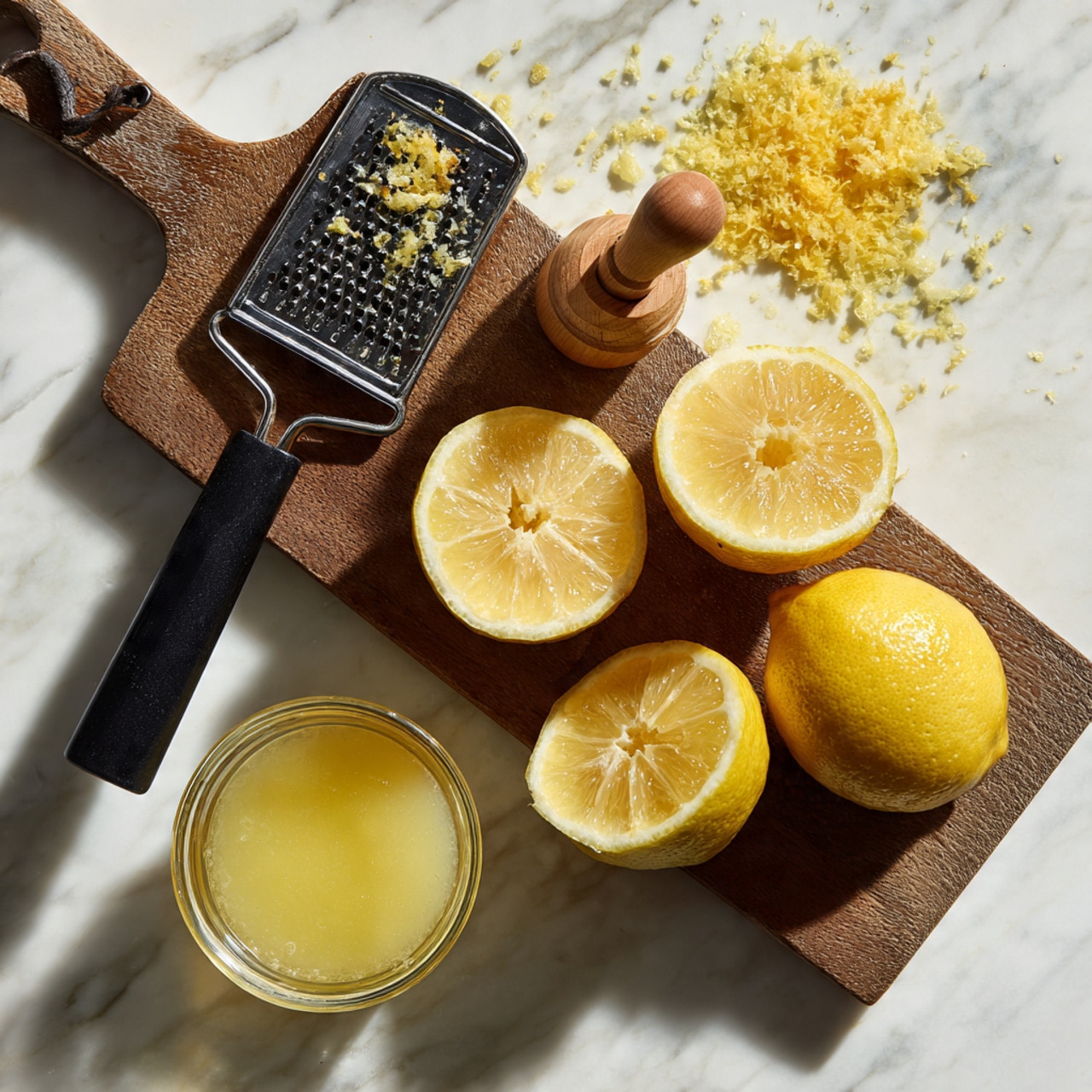 A wooden board on a white marbled surface holds four lemon halves, three hollowed out with their bright yellow insides visible and one still with pulp. A wooden lemon squeezer lies resting on one lemon half, showing some juice residue. Above the lemons, a black-handled grater with a metal blade shows some zest clinging to it, with a small pile of yellow lemon zest next to it. Below the board, a small glass container holds freshly squeezed pale yellow lemon juice. Photo taken with an iphone --ar 4:5 --v 7