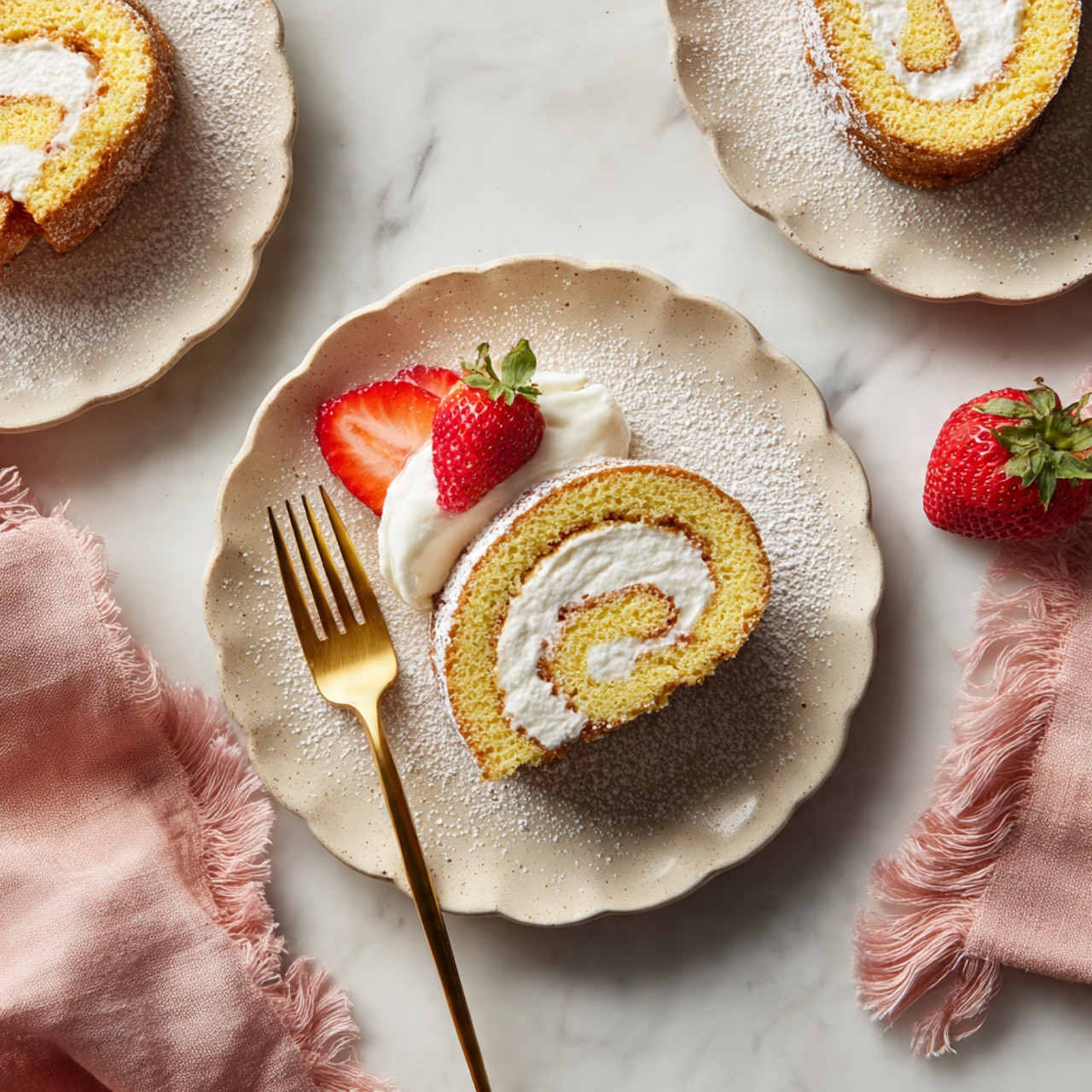 A slice of light yellow cake roll with a swirl of white cream filling in the middle sits on a white scalloped plate dusted with powdered sugar. On top of the slice is a swirl of white whipped cream, topped with a half strawberry showing its red inner flesh and green leaves. The plate is placed on a white marbled surface with a golden fork to the left and whole fresh strawberries scattered nearby, creating a soft and inviting look. photo taken with an iphone --ar 4:5 --v 7