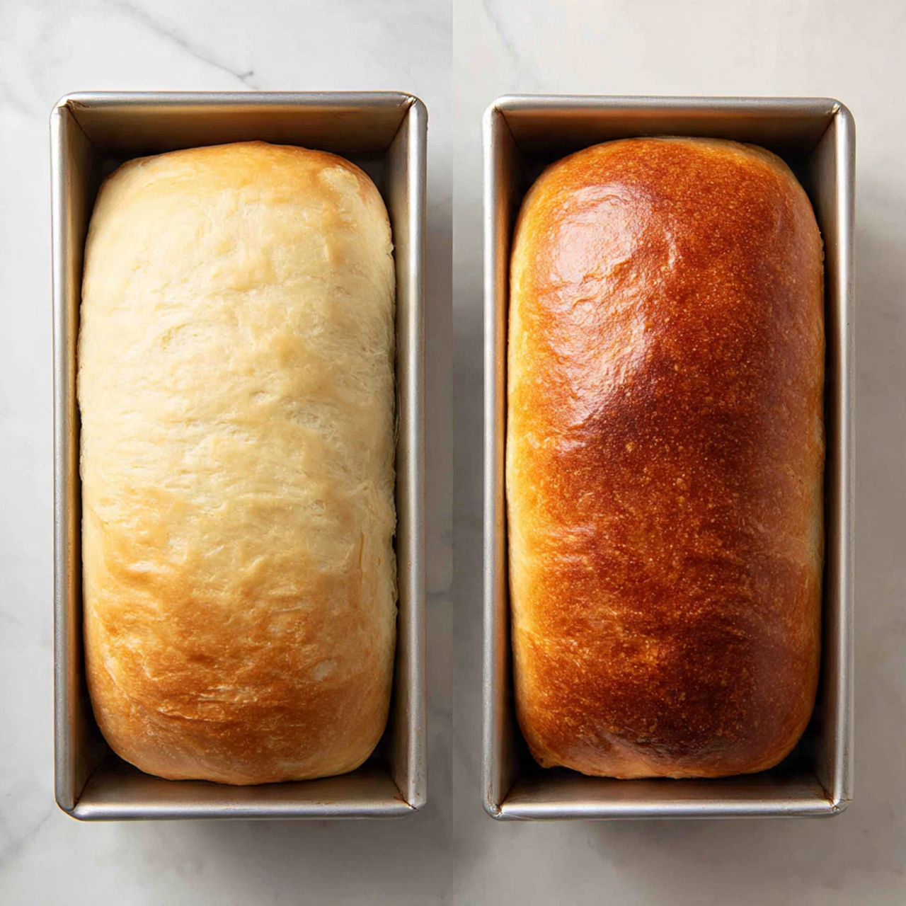 A loaf of bread with a smooth, shiny, golden brown crust sits on a metal cooling rack. The sides and bottom of the bread are a light beige color with a soft texture, while the top is a rich warm brown, slightly glossy from an egg wash. The bread is rectangular with rounded edges and appears freshly baked. The cooling rack is placed on a white marbled surface, and there is a soft light highlighting the bread's texture. photo taken with an iphone --ar 4:5 --v 7
