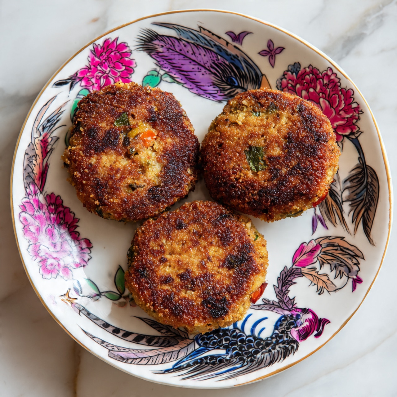 The image shows three round, golden-brown patties with a crunchy texture on the outside, placed closely together on a white plate decorated with colorful floral and feather designs in purple, pink, and black. The patties have a slightly uneven surface with visible small bits of green and orange inside, suggesting mixed vegetables or herbs. The plate sits on a white marbled surface. photo taken with an iphone --ar 4:5 --v 7