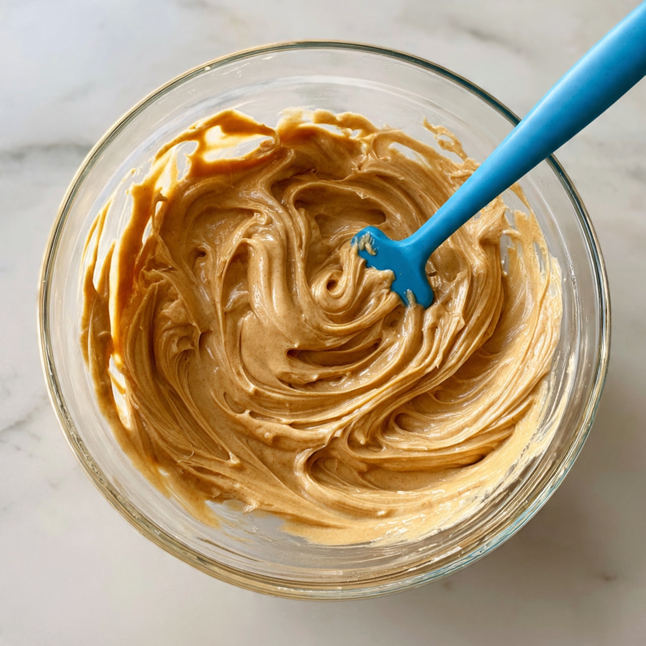 A clear glass bowl filled with smooth, light brown batter that has a creamy, thick texture. The batter is swirled in the bowl with a blue spatula showing soft waves and folds. The bowl sits on a white marbled surface, giving a clean and bright look. Photo taken with an iphone --ar 4:5 --v 7