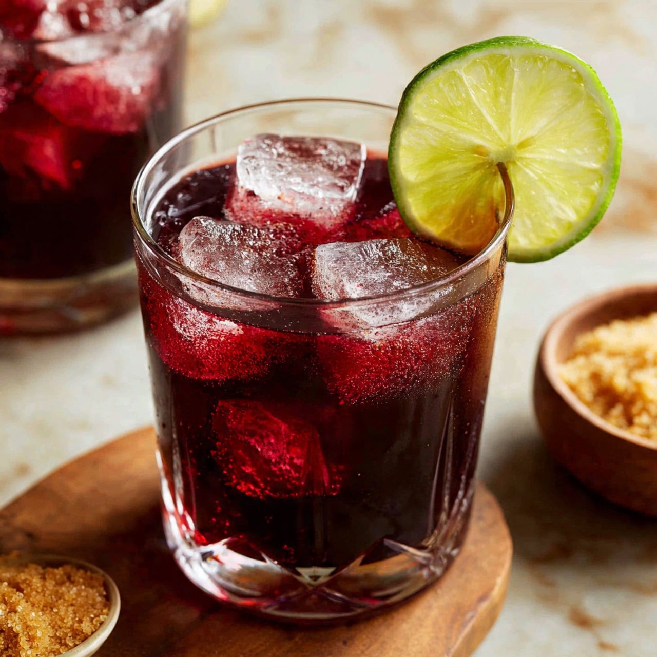This image shows a clear glass filled with a dark red drink with many ice cubes floating on top, giving a mix of cloudy and clear white textures. A thin slice of lime with light green tones and visible juicy segments rests on the rim of the glass at the upper right. Inside the drink, a few darker red elements appear, possibly fruit or garnish. The glass is placed on a brown wooden surface with a white marbled texture faintly visible in the background, and a small bowl of golden brown sugar is partially visible on the right side. Another glass with the same drink is slightly visible in the back left. Photo taken with an iphone --ar 4:5 --v 7