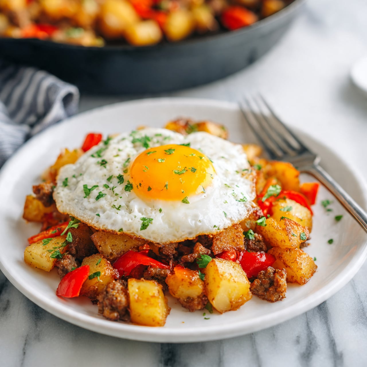 A black skillet filled with a mix of small, browned potato cubes, irregular pieces of browned sausage, and red bell pepper chunks scattered throughout. On top, there are four sunny-side-up eggs with bright yellow yolks and white edges, each garnished with small green herb pieces. Some of the potato and sausage mix is topped with dollops of red sauce. The skillet sits on a wooden board with a red cloth and a white marbled background photo taken with an iphone --ar 4:5 --v 7