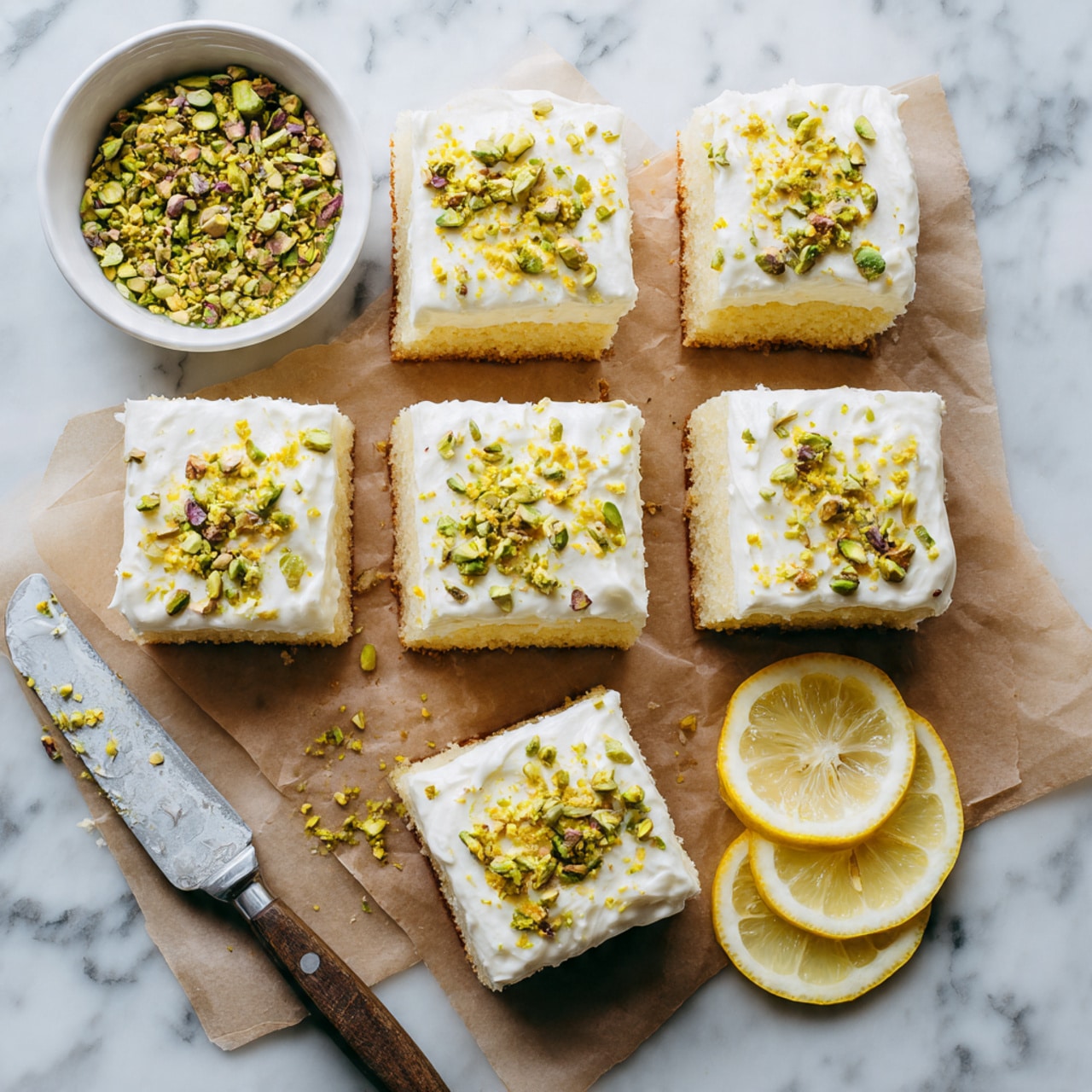 The image shows nine square pieces of cake arranged in a 3x3 grid on brown parchment paper. Each piece has a pale yellow base layer topped with a thick white frosting layer. The frosting is sprinkled with crushed green pistachios and small bits of yellow lemon zest, creating a mix of green and yellow colors on top. To the top left, there is a white bowl filled with crushed pistachios. At the bottom right, there are three lemon slices placed on the white marbled surface. A knife with some white frosting on the blade lies near the lemons. The whole scene is set on a white marbled background. Photo taken with an iphone --ar 4:5 --v 7