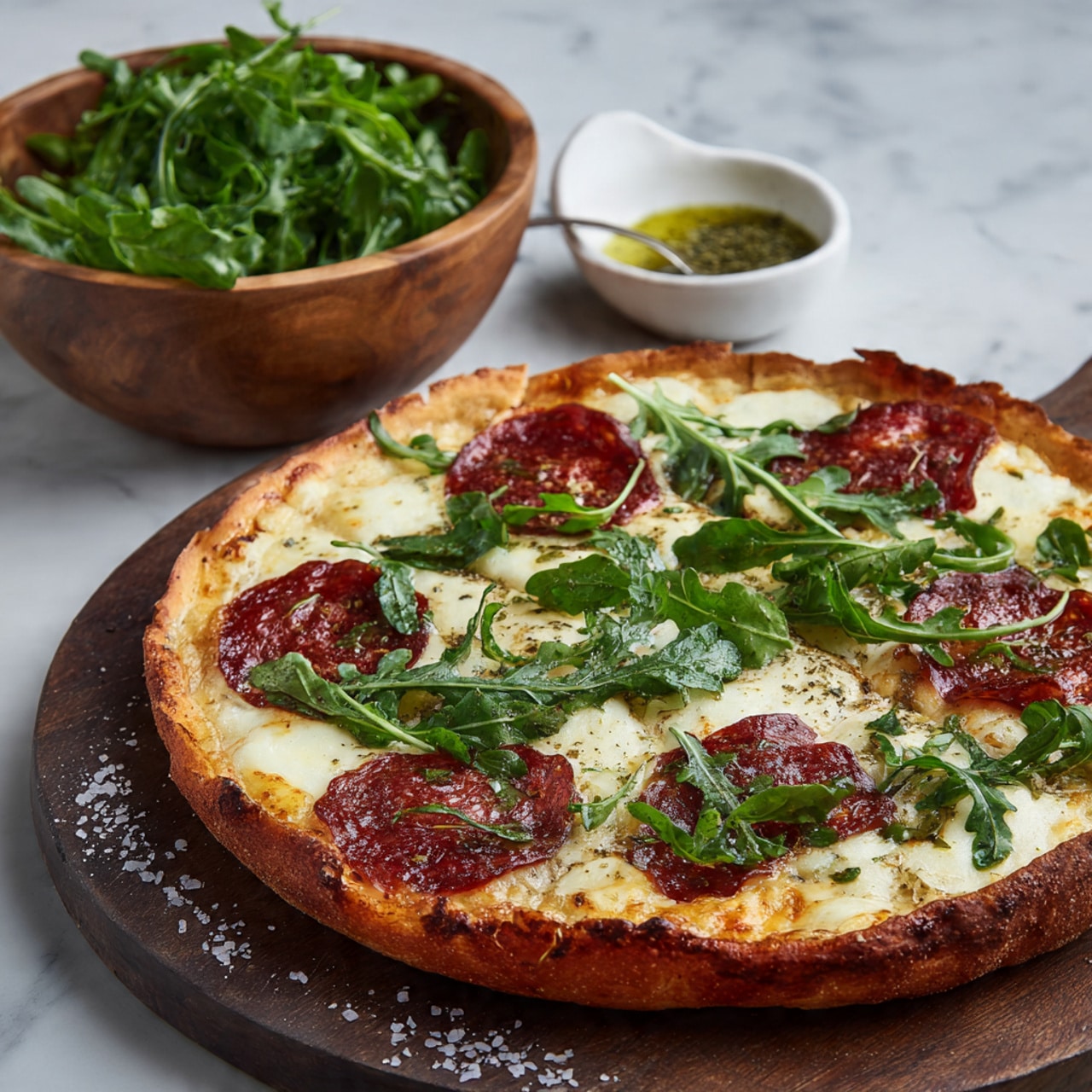 A rustic pizza is shown with a thick, golden-brown crust as the base layer. On top of the crust, there is a melted cheese layer that looks creamy and slightly browned in spots. Over the cheese, there are slices of red cured meat and a generous topping of fresh dark green arugula and basil leaves scattered unevenly across the pizza. The pizza is served on a dark wooden board with some coarse salt sprinkled around, and next to it is a white marbled surface holding a wooden bowl filled with fresh arugula and a small white dish with green olive oil mixed with dried herbs. The photo was taken with an iphone --ar 4:5 --v 7