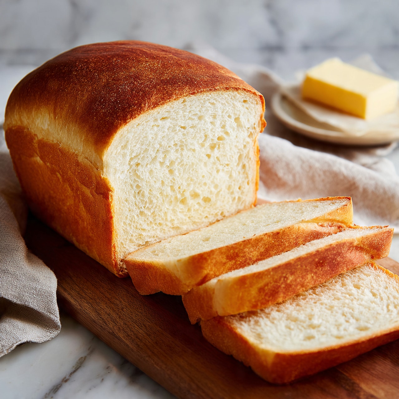 A loaf of white bread with a light golden-brown crust on top is placed on a wooden board. The loaf is sliced into four pieces, three slices laid in front of the main body of the bread. The bread's inside shows a soft, light, and fluffy texture with small air holes throughout. The golden crust surrounds each slice neatly, contrasting with the white inside. The background shows a soft, blurred white marbled surface with a light gray cloth in the back and a small piece of butter placed out of focus. photo taken with an iphone --ar 4:5 --v 7