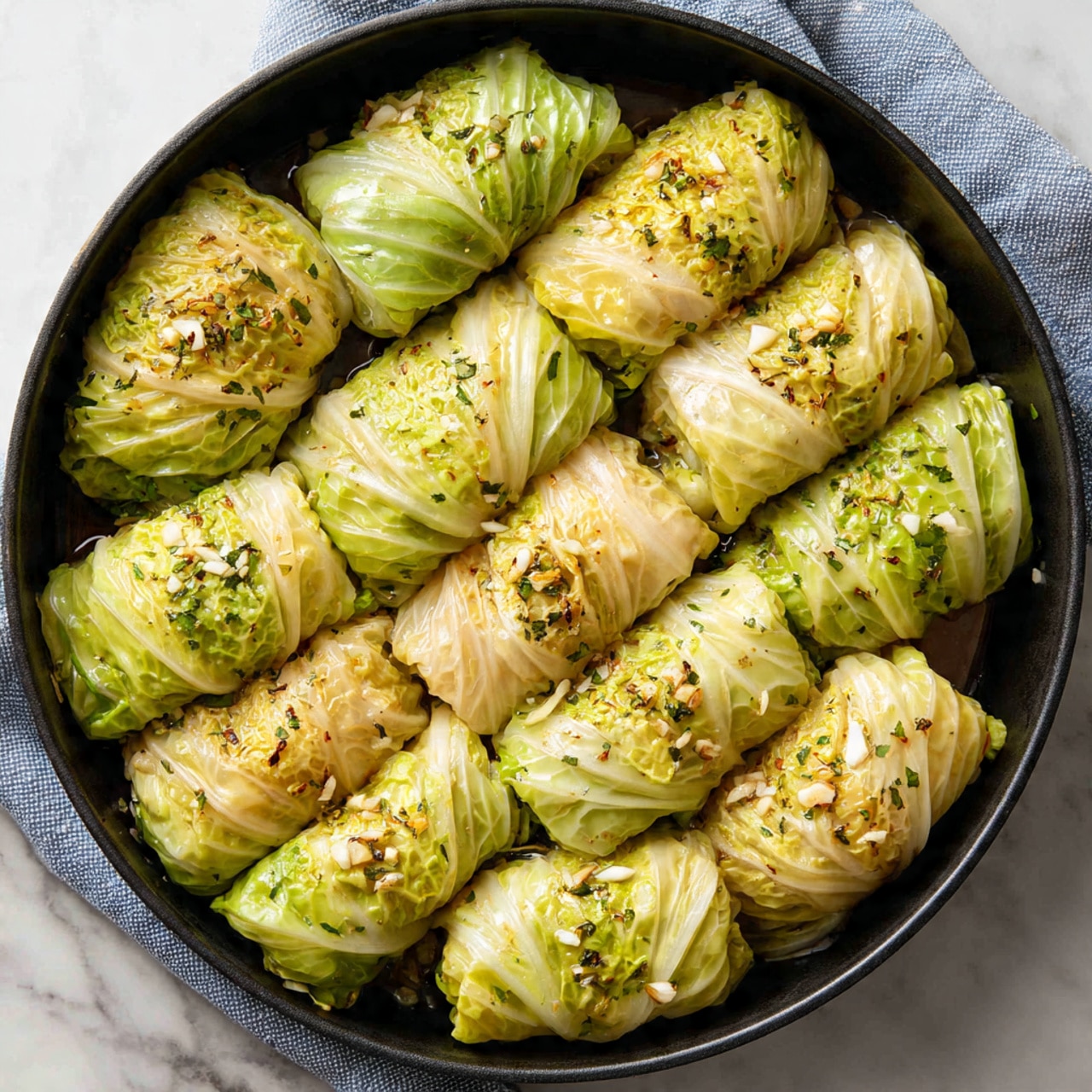 The image shows a round black skillet filled with tightly rolled wraps made of light green and pale beige cabbage leaves, arranged in neat rows side by side filling the skillet entirely. The cabbage rolls have a soft, cooked texture with a slightly shiny surface and some specks of dark herbs sprinkled on top. There are small bits of white garlic visible between the rolls. The skillet is sitting on a white marbled surface with a hint of a blue cloth nearby. photo taken with an iphone --ar 4:5 --v 7