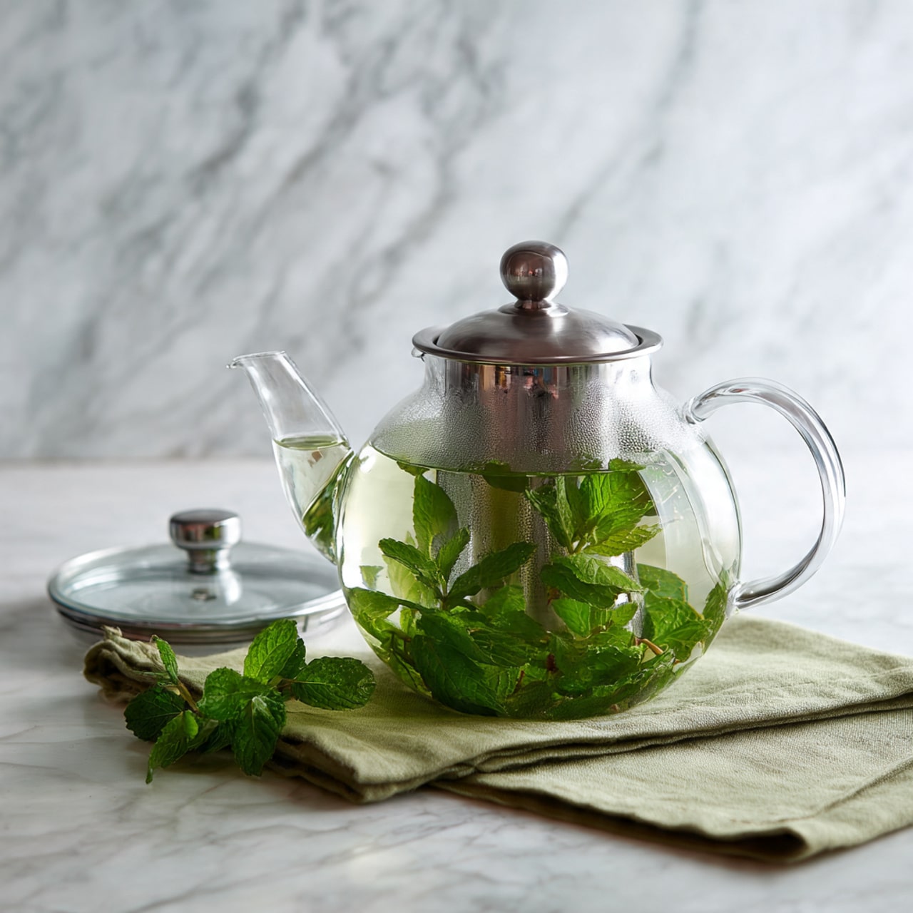 A clear glass teapot filled with light golden-yellow tea with several fresh green mint leaves floating inside. The teapot has a round shape with a glass handle and spout and a glass lid with a round knob on top, showing condensation inside. The teapot sits on a folded olive-green cloth which is placed on a white marbled surface, with a soft blurred light grey background. photo taken with an iphone --ar 4:5 --v 7
