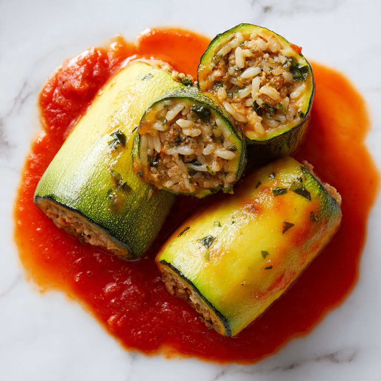 Three stuffed zucchini pieces lie close together on a white marbled surface. Two zucchinis are whole and cooked, showing a soft, yellow-green skin with slight ridges and a warm, glossy texture. The third zucchini is cut in half, revealing a tightly packed inner layer of rice mixed with small bits of herbs and meat, light brown and off-white in color. The zucchinis sit in a shallow pool of bright red tomato sauce, which has a smooth, slightly oily surface and splashes of deeper red throughout. The scene shows a close-up view emphasizing the filling and the sauce texture, photo taken with an iphone --ar 4:5 --v 7