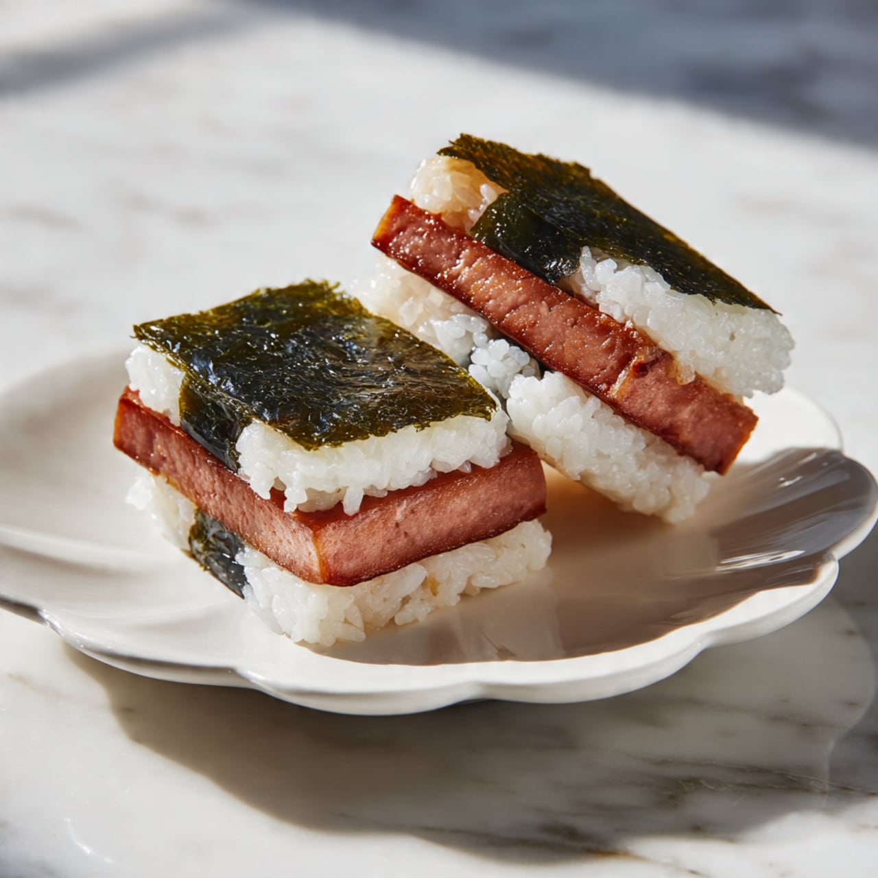 The dish shows two pieces of spam musubi placed on a white plate with petal-shaped edges, sitting on a white marbled surface. Each piece has three layers: a bottom layer of compact white rice with a soft and slightly sticky texture, a middle layer of thick, slightly browned cooked spam with a reddish-brown color and smooth texture, and a top layer of dark green, shiny seaweed strip wrapped around the middle of the rice and spam, holding them together. The lighting is bright and natural, highlighting the slight gloss on the spam and the texture of the seaweed photo taken with an iphone --ar 4:5 --v 7