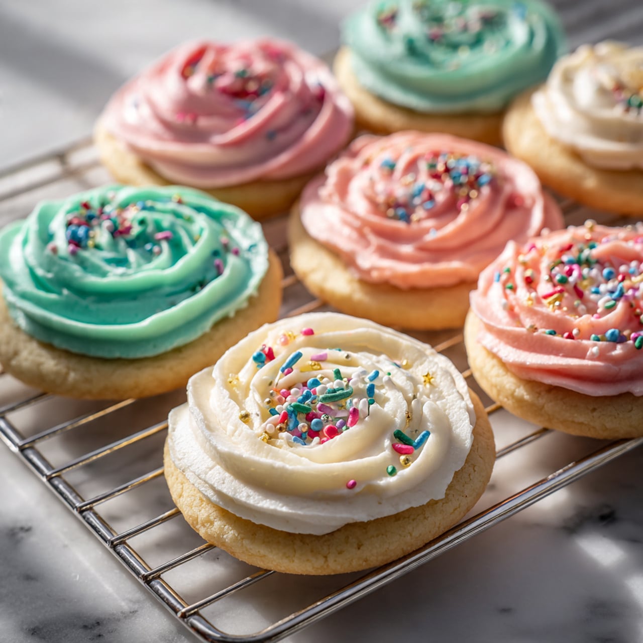 A group of round sugar cookies each topped with one layer of smooth, thick swirled frosting in pastel colors: light pink, mint green, and creamy white. The frosting is piped in a rose shape with soft ridges, and small colorful sprinkles are scattered on top, adding touches of bright blues, reds, greens, and gold. The cookies rest on a metal cooling rack that sits on a white marbled surface, and the light creates gentle shadows, highlighting the frosting’s creamy texture. Photo taken with an iphone --ar 4:5 --v 7