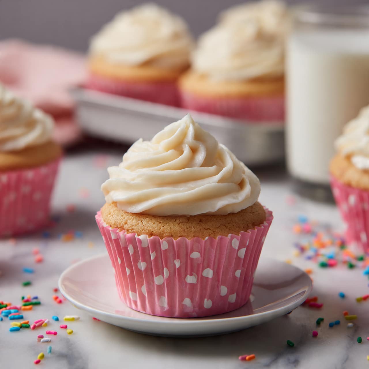 A single cupcake with a light golden-brown base wrapped in a pink paper cup with white polka dots sits on a small white plate. On top is a tall swirl of creamy white frosting with smooth, soft texture. In the background, more cupcakes with the same frosting and pink cups are placed on a tray. Colorful small round sprinkles are scattered on the white marbled surface near the plate. A clear glass of milk is visible next to the cupcakes. Photo taken with an iphone --ar 4:5 --v 7