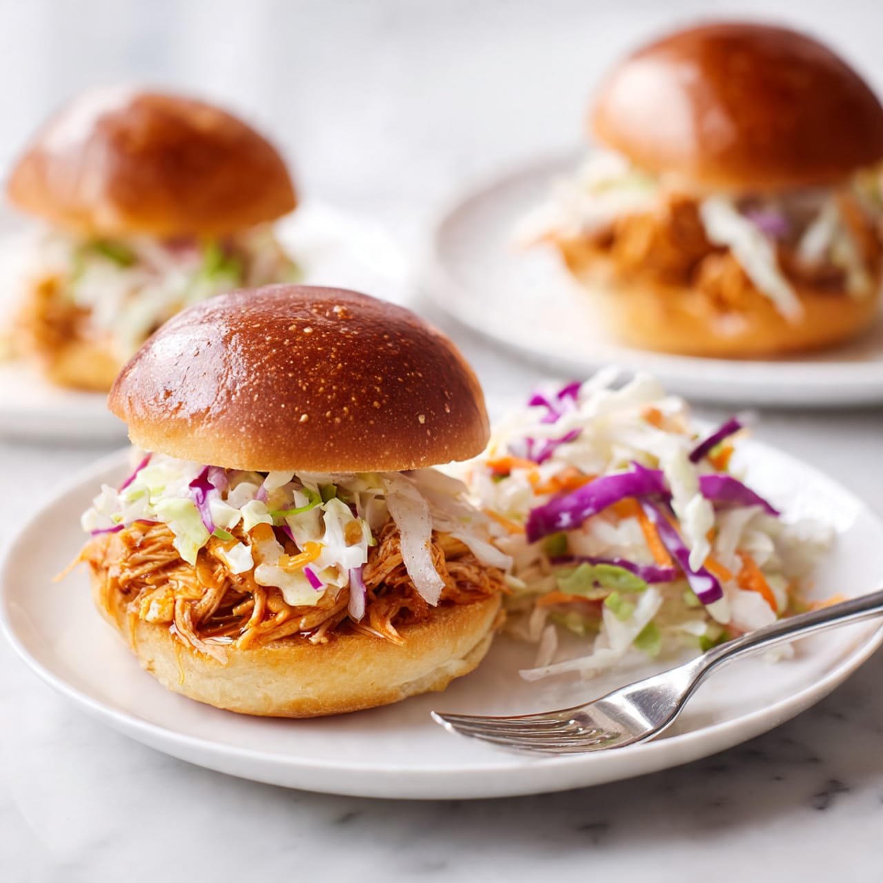 Two small sandwiches sit side by side on a white plate placed on a white marbled surface. Each sandwich has two soft, shiny golden brown buns with light black pepper sprinkled on the top bun. Inside, the sandwiches are filled with shredded chicken coated in a creamy orange sauce. Behind the sandwiches on the plate, there is a small portion of coleslaw made with shredded cabbage and thin slices of red onion. Some shredded chicken pieces have fallen next to the sandwiches. The photo taken with an iphone --ar 4:5 --v 7