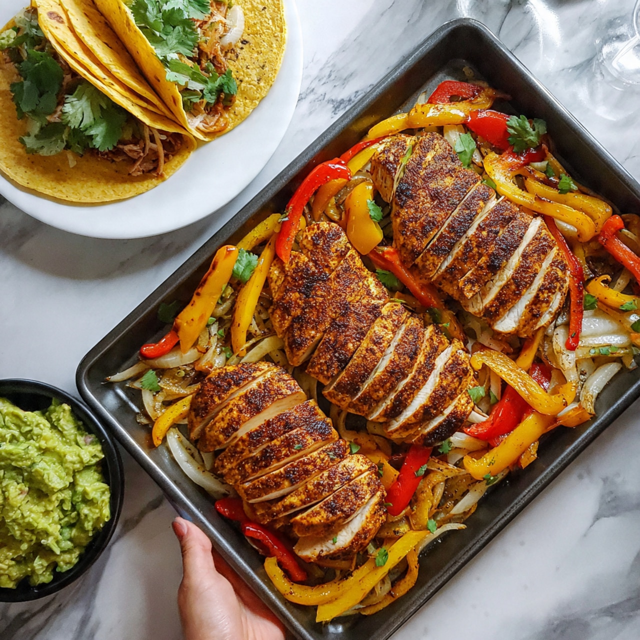 The image shows a baking tray filled with four pieces of sliced, dark-seared seasoned chicken arranged over a bed of sliced bell peppers and onions. The bell peppers come in yellow, red, and green colors, giving a vibrant mix, while the thin slices of white onion are scattered throughout the vegetables, adding texture and layers. To the side, there is a white plate with tacos that have cilantro leaves on top, and a small black bowl containing guacamole with a chunky texture made of avocado pieces. The setup sits on a white marbled surface, with a woman's hand visible holding the plate with tacos. The overall scene is colorful, warm, and inviting, with the seasoned chicken as the central focus. photo taken with an iphone --ar 4:5 --v 7