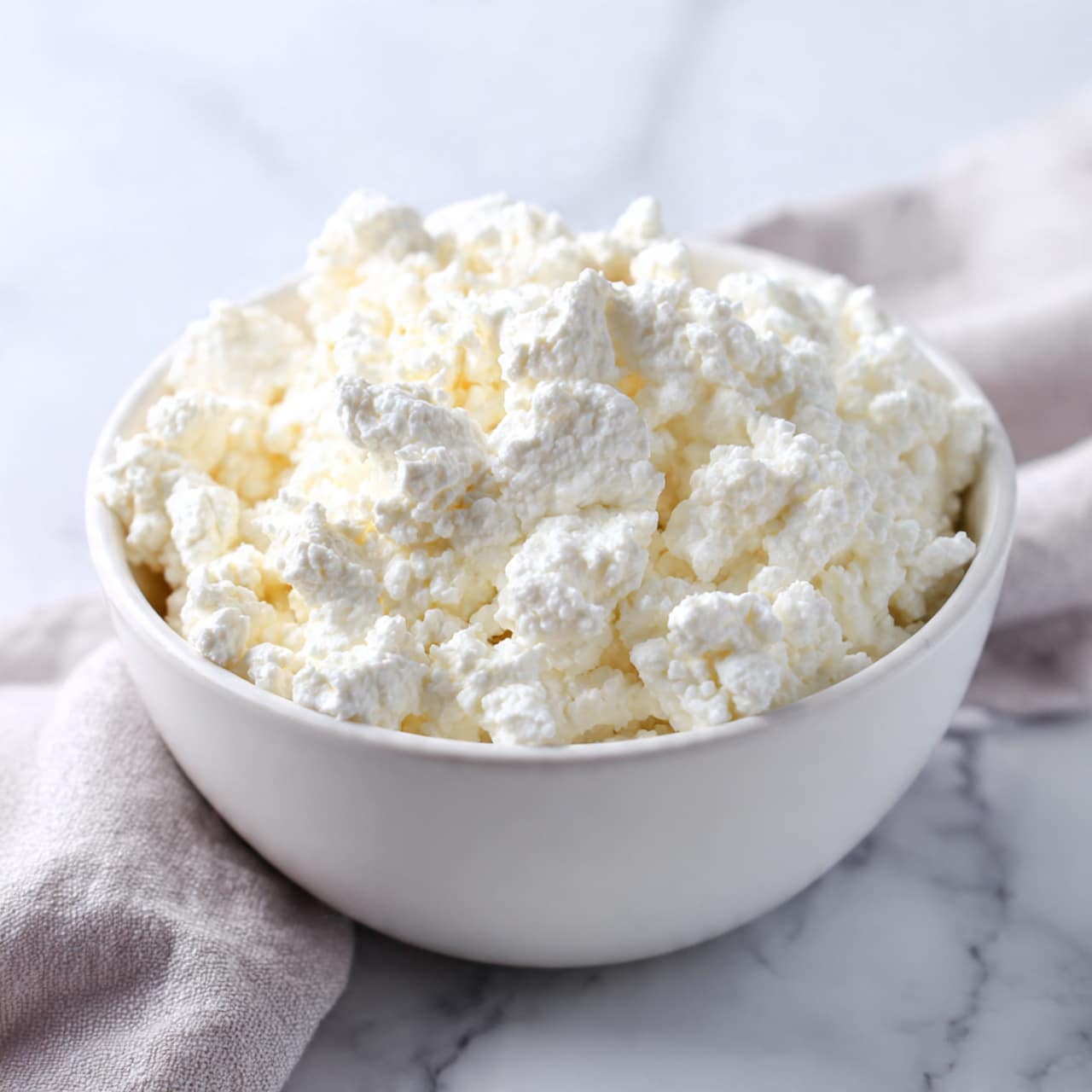 A white bowl filled with a single layer of soft, fluffy white cottage cheese with a slightly grainy texture, sitting on a white marbled surface with soft natural light coming from the left side. The cottage cheese looks fresh and slightly moist with uneven small lumps throughout. Photo taken with an iphone --ar 4:5 --v 7