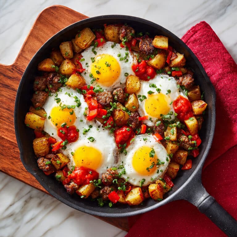 Skillet Sausage and Potatoes with Crispy Eggs and Tomato Relish Recipe