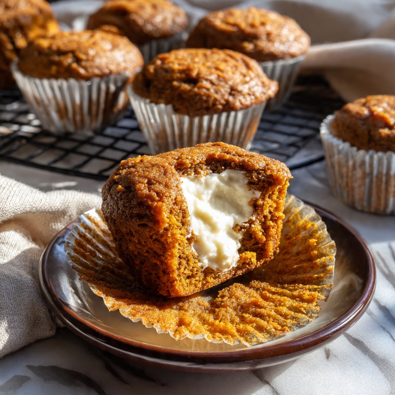 The image shows several muffins with a golden brown color and a crumbly texture, each topped with a creamy white swirl of icing that looks soft and slightly melting. The muffins have a rough surface with bits of crunchy topping around the edges. They sit on a wire rack over a white marbled surface, surrounded by white paper muffin liners. Nearby, there is a white cup filled with a frothy, light tan drink, decorated with two star anise pieces floating on top. The warm tones of the scene give a cozy and inviting feeling. photo taken with an iphone --ar 4:5 --v 7