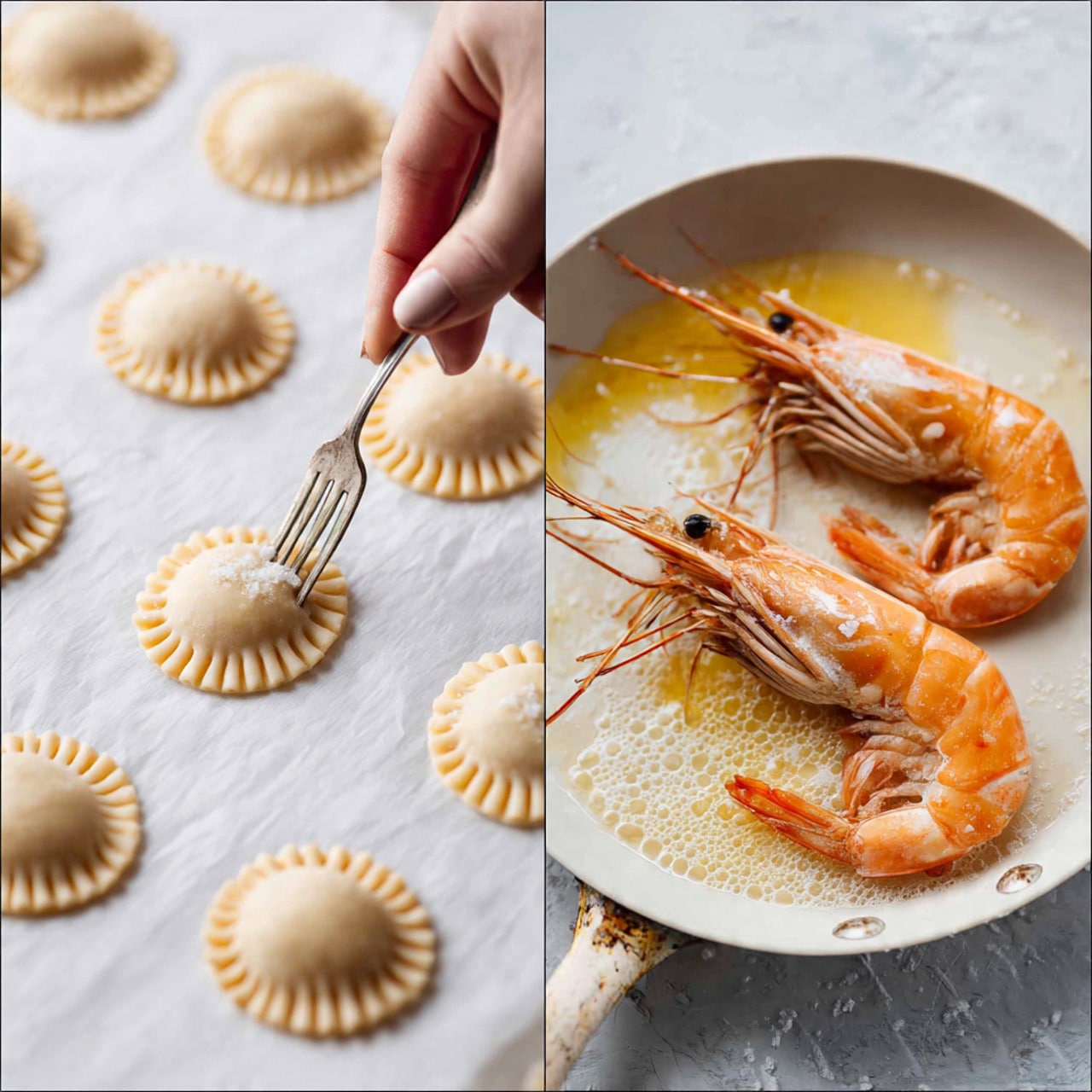 The image shows two separate close-up views side by side. On the left side, there are small round dough pieces sealed into half-circle shapes with crimped edges, placed on white parchment paper over a white marbled texture. A woman's hand is gently pressing a fork on the edge of one dough piece, creating a patterned edge. On the right side, there are two cooked orange-pink shellfish with detailed texture and curled tails, lying in a shallow pan with melted butter being spooned over them. The pan has a soft texture with small bubbles in the butter. photo taken with an iphone --ar 4:5 --v 7