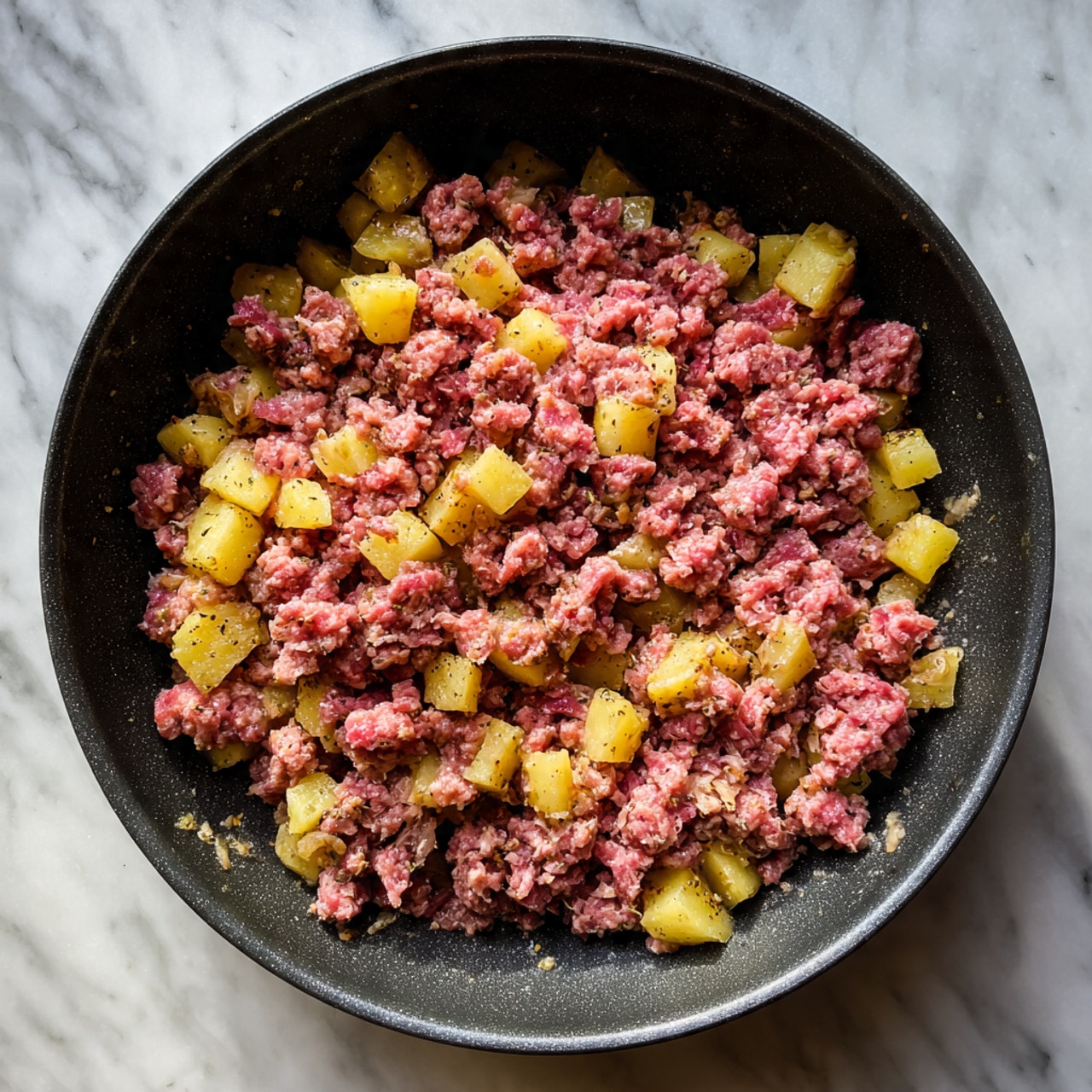A dark pan on a white marbled surface filled with small pieces of raw pink ground meat mixed with light yellowish diced potatoes. Some potato pieces are golden brown with a slight crisp, scattered evenly throughout. The texture appears chunky with a mix of soft meat and firm potato cubes, and slight browning is visible on the pan's base. Photo taken with an iphone --ar 4:5 --v 7